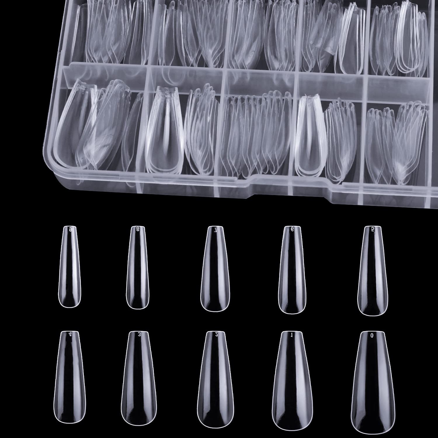 550-Piece Acrylic False Nails Kit - 10 Different Sizes Long Artificial Nails with Transparent Storage Box - Perfect for Nail Art, Salon, DIY Manicures & Special Occasions