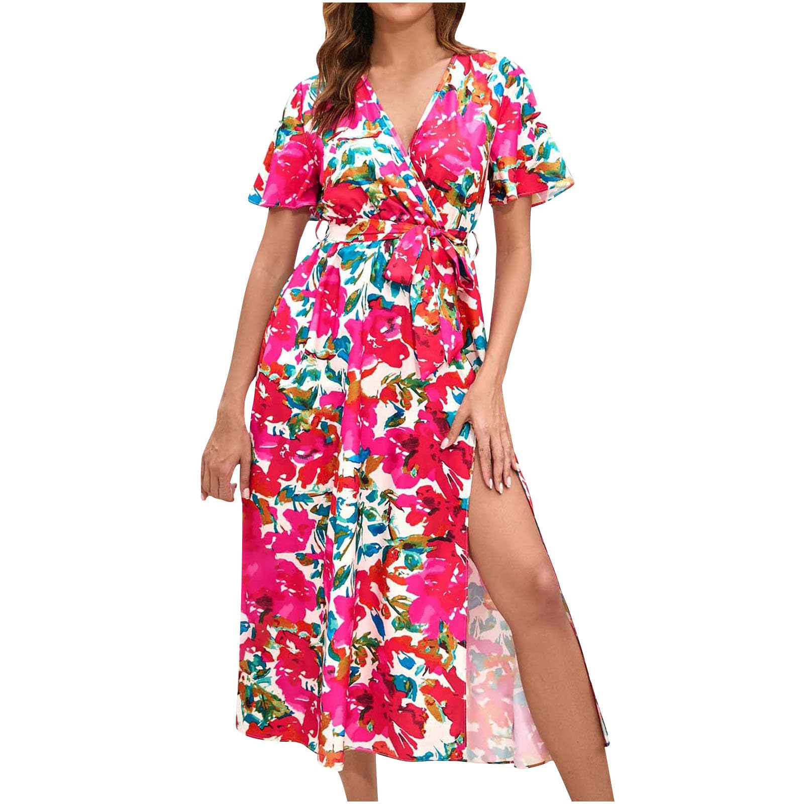 **Boho Maxi Dresses for Women 2024 - Floral Print Summer Casual Dress with Short Sleeves & Tiered Tie Waist | Perfect for Beach, Vacation, and Everyday Wear**