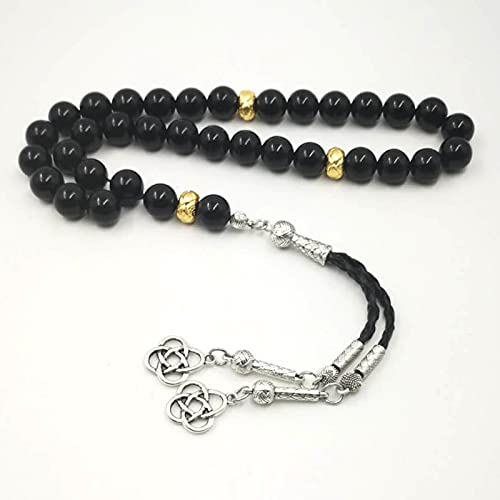 Natural Black Onyx 33 Beads Tasbih Bracelet for Men - 14mm Agate Beads with Golden Spacer Beads - Islamic Misbaha Prayer Accessory - Perfect for Daily Wear, Meditation & Spiritual Practice