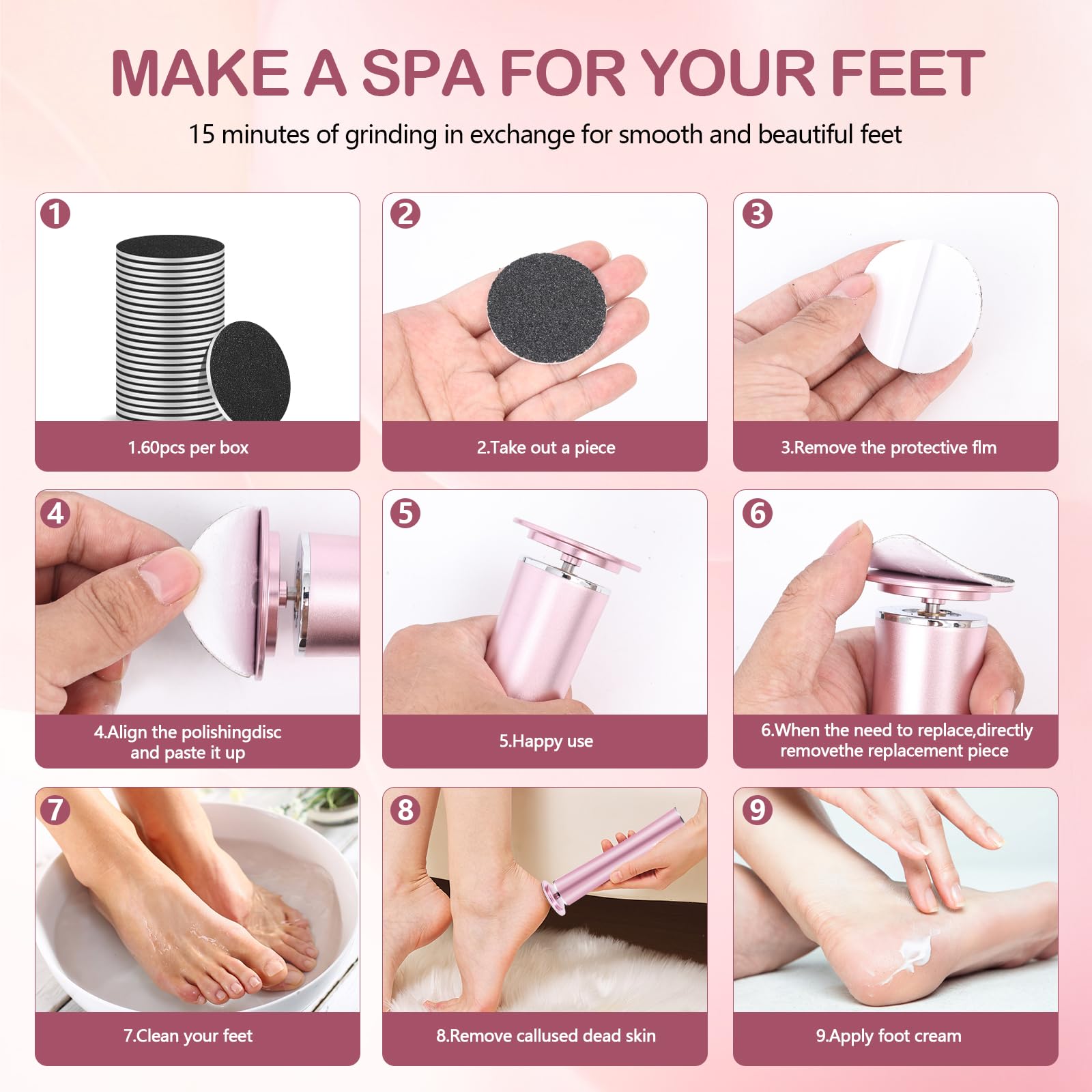 Rechargeable Electric Foot File Callus Remover - Professional Metal Pedicure Tool for Dead Skin & Heel Care with 60 Sandpaper Discs - Perfect for Home Pedicure & Foot Spa (Pink)