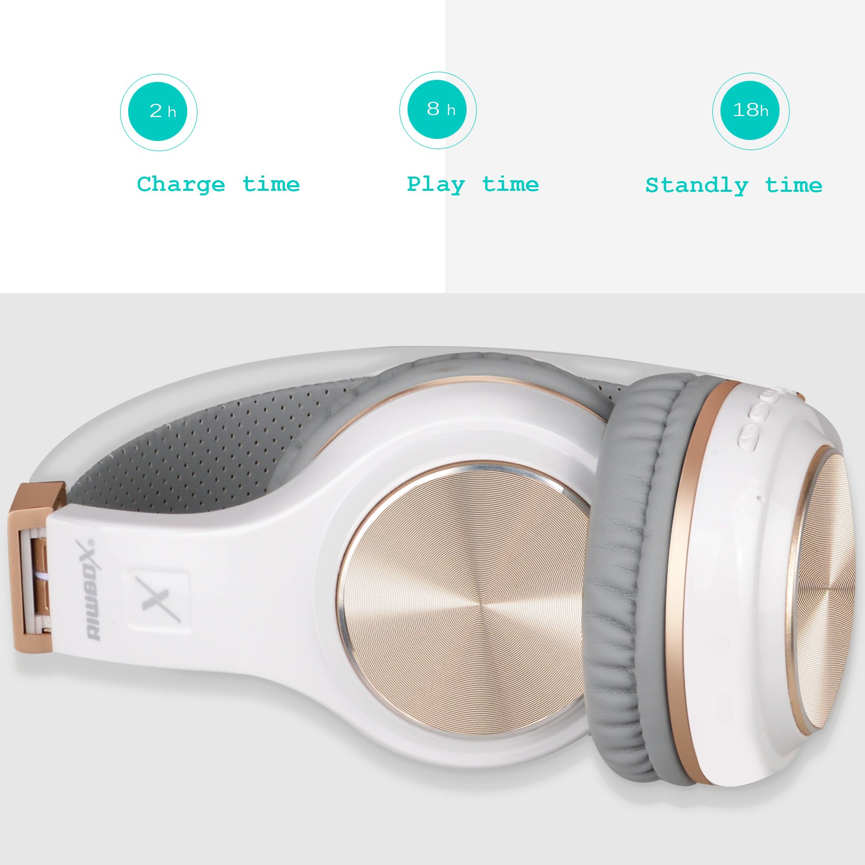 Riwbox XBT-80 Foldable Wireless Bluetooth Headphones Over Ear with Mic & Volume Control - Stereo Sound for PC, Phone, TV, iPad (White Gold) - Perfect for Gaming, Travel & Work from Home
