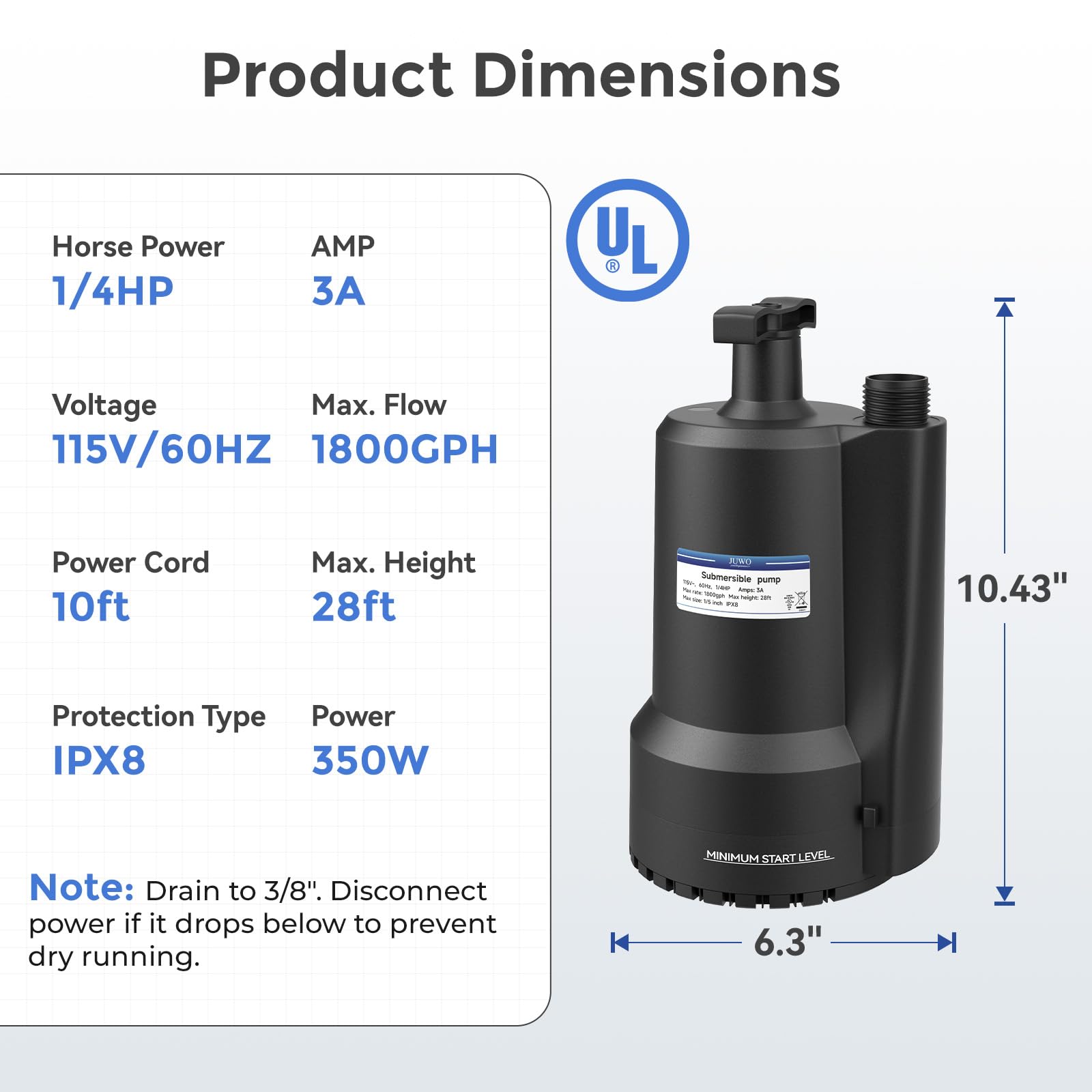 1/4 HP 1800GPH Submersible Water Pump - Thermoplastic Utility Pump for Pool Draining, Basement, Garden Pond | Portable Electric Sump with 10ft Cord | Ideal for Swimming Pools, Tubs, Flooded Areas & Water Transfer