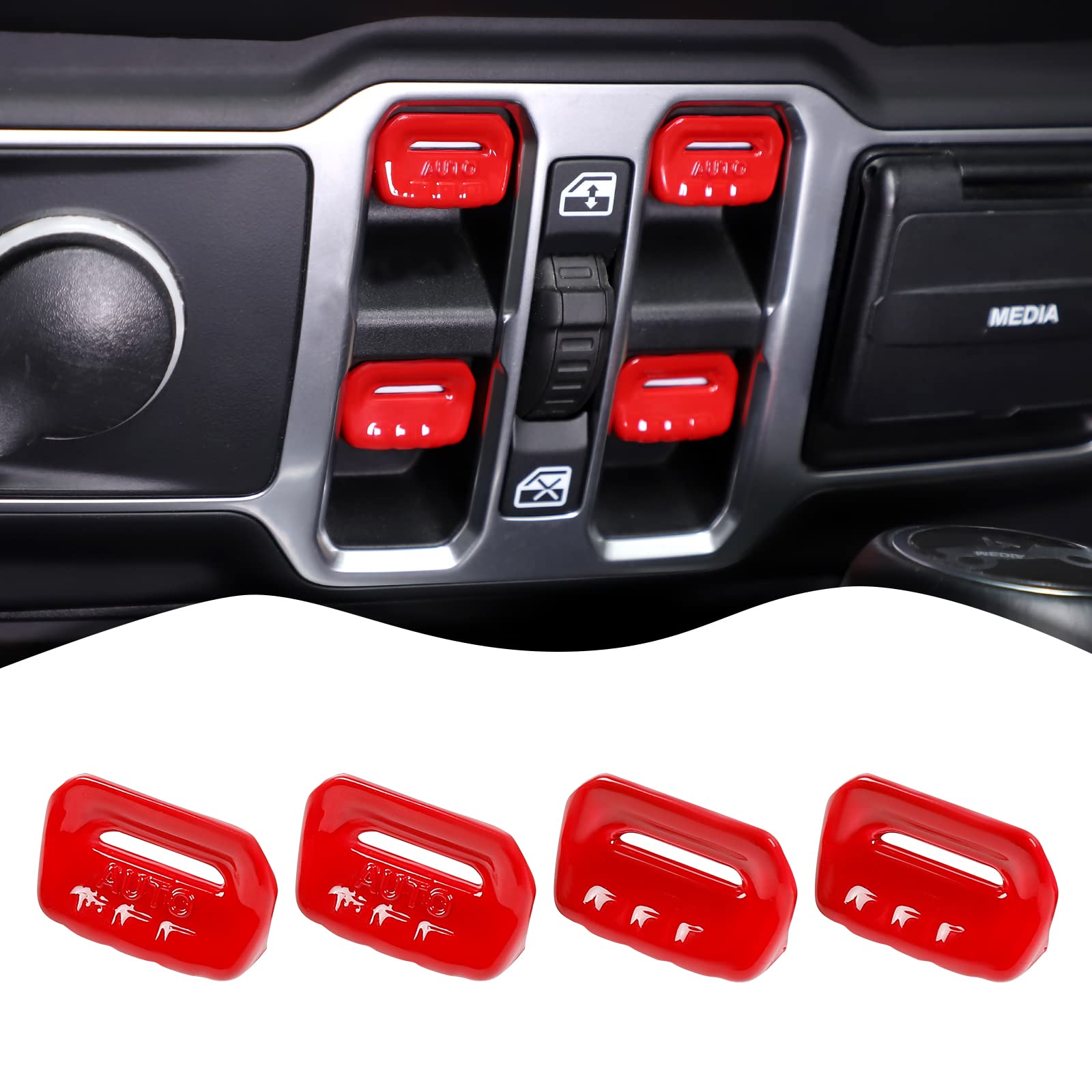 4PCS Red Window Switch Button Cover Trim Interior Accessories for Jeep Wrangler JL JLU Gladiator JT 2018-2024 - Upgrade Your Ride with Stylish Protection (Perfect for Off-Roading & Daily Commute)