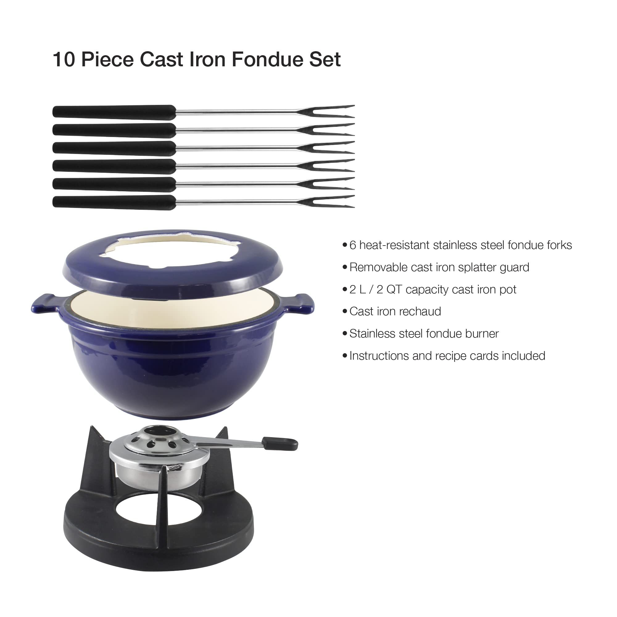 Swissmar F66541 Lucerne 10-Piece Cast Iron Fondue Set - Indigo Blue | Perfect for Romantic Dinners, Family Gatherings & Holiday Parties