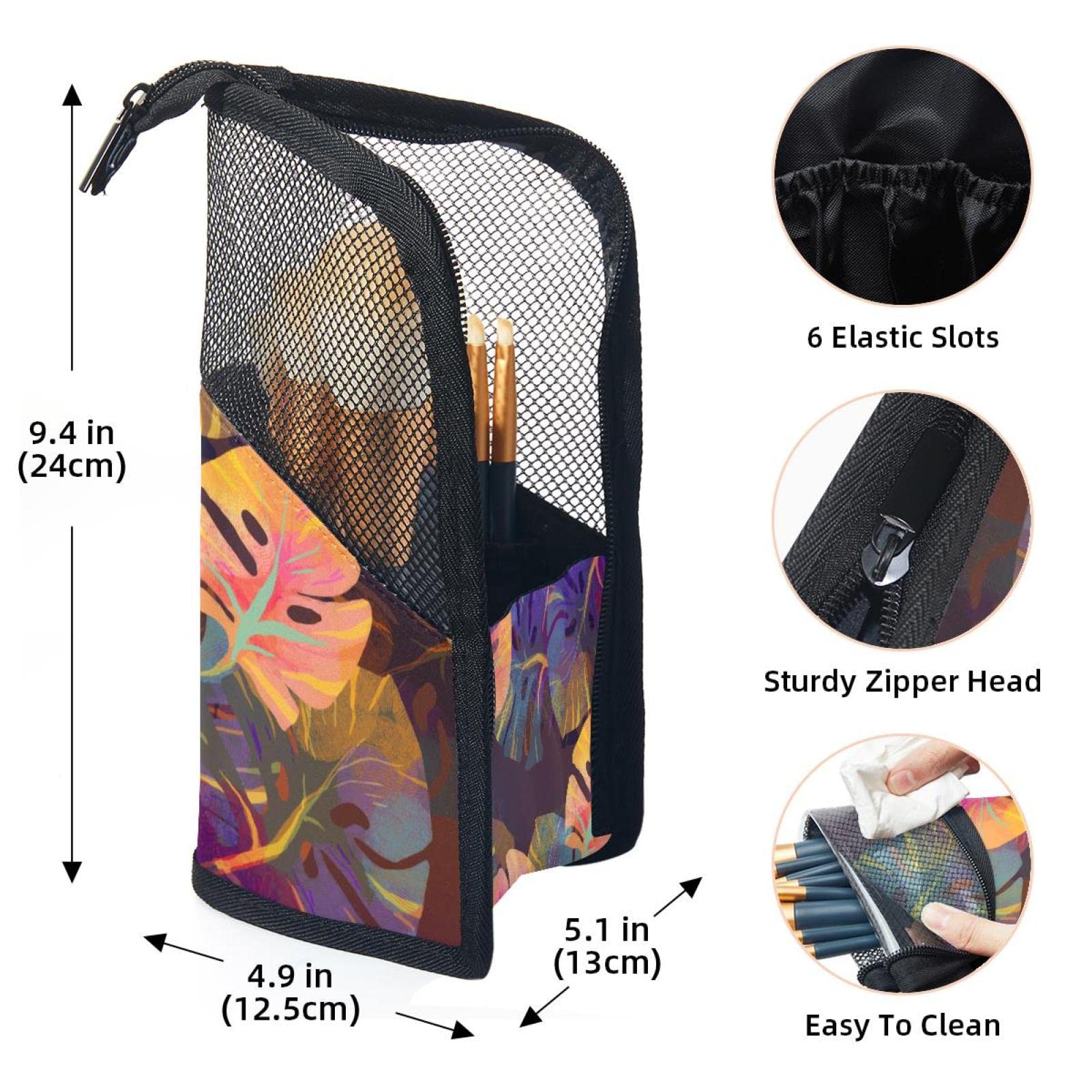 12-Piece Makeup Brush Organizer Bag with Tropical Watercolor Leaves Design - Portable Makeup Brush Holder Case for Travel & Home Storage
