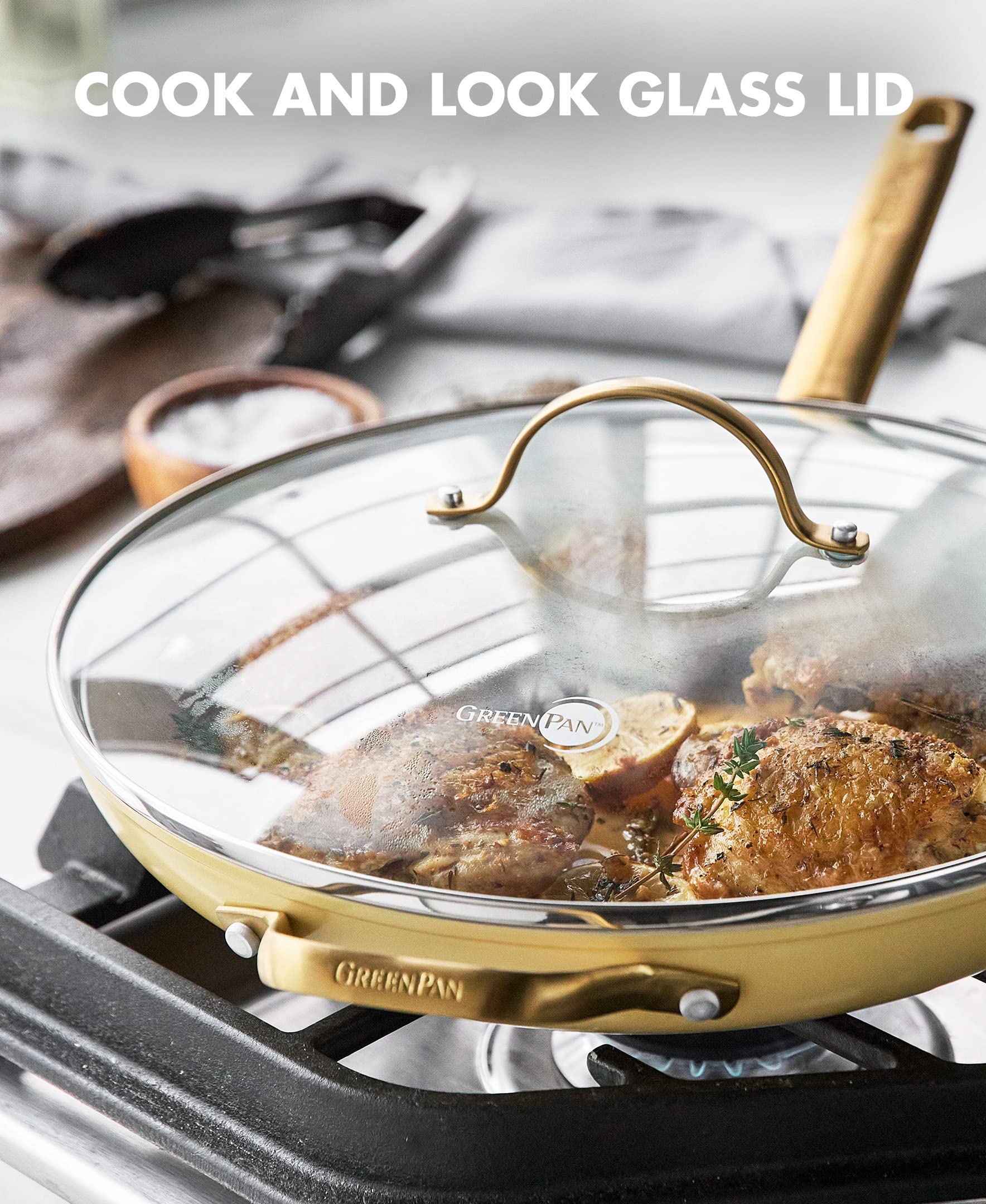GreenPan Reserve Hard Anodized Healthy Ceramic Nonstick 12-Inch Frying Pan Skillet - PFAS-Free, Dishwasher & Oven Safe (450°F) with Helper Handle & Glass Lid - Gold Handle, Sunrise Yellow - Perfect for Sautéing, Frying & Everyday Cooking