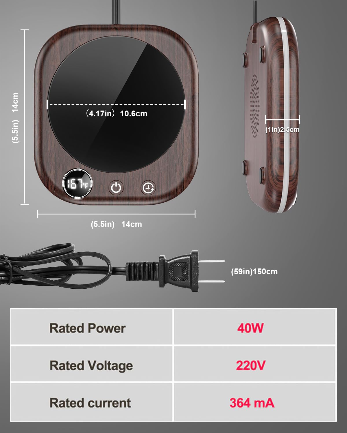 40W Smart Coffee Mug Warmer with Temperature Display & Auto Shut Off - 3 Heat Settings & 1-12H Timer - Electric Beverage Warmer for Coffee, Tea, Milk, Hot Chocolate - Perfect for Office Desk, Home Use & Gift Giving (Wood Grain Design)
