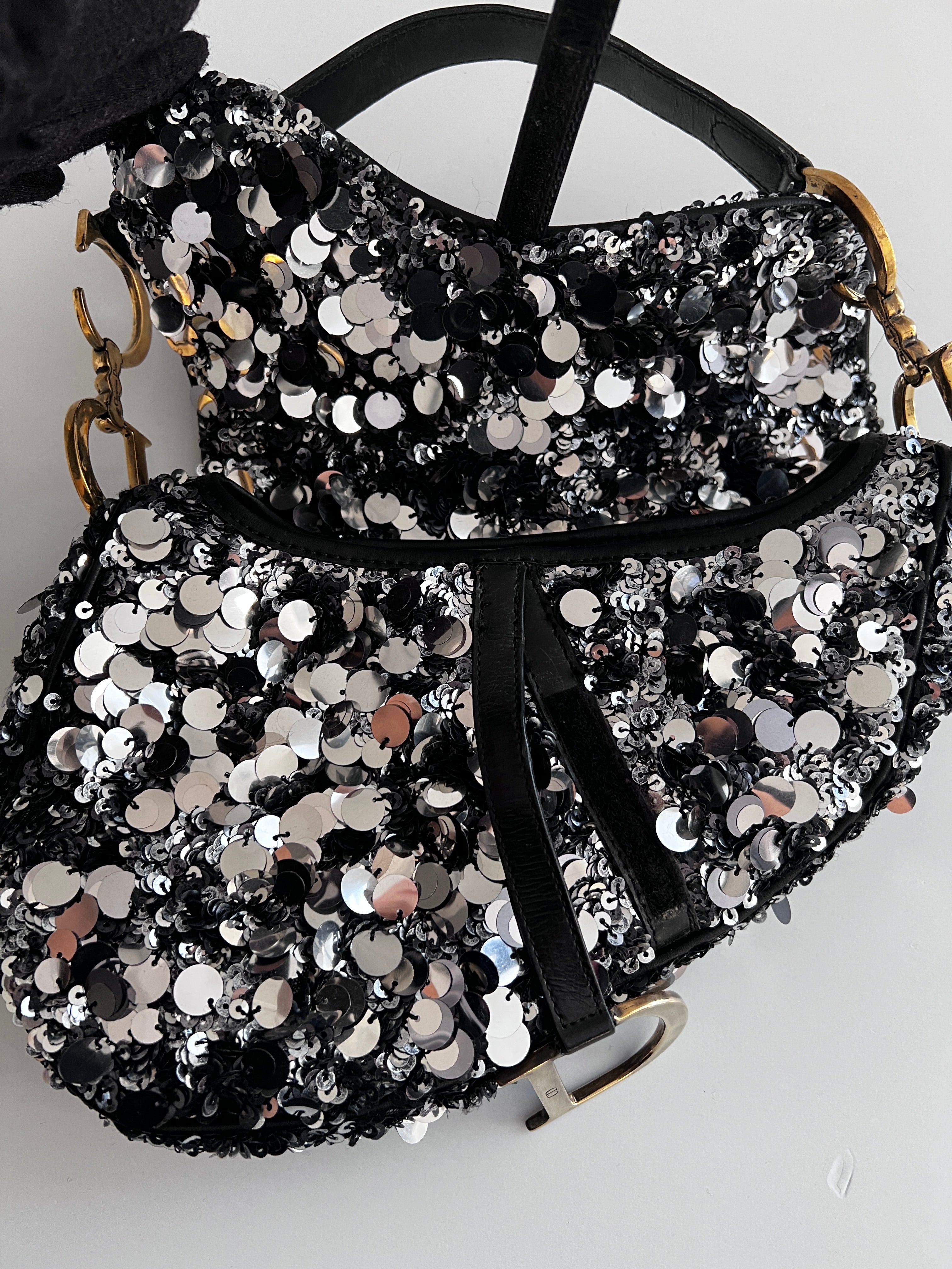 Dior Silver Sequin Saddle Bag for Women | Luxury Designer Handbag for Evening Parties, Weddings & Special Occasions