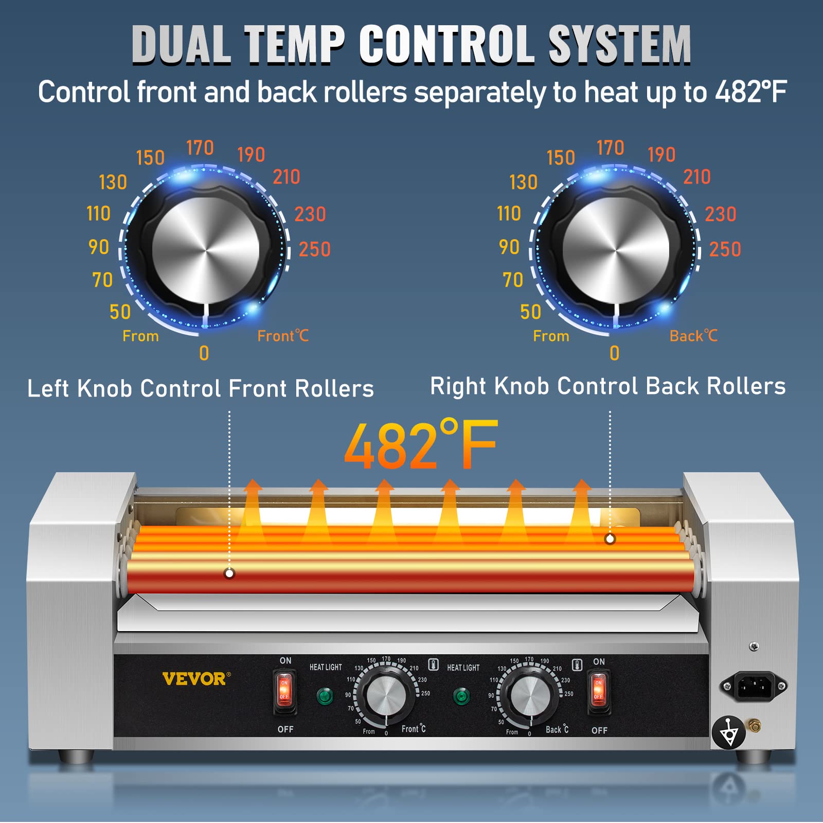 VEVOR Commercial Hot Dog Roller Machine - 12 Hot Dog Capacity, 5 Stainless Steel Rollers, 750W Sausage Grill Cooker with Dual Temperature Control, LED Light & Detachable Drip Tray - Perfect for Restaurants, Food Trucks, and Home Kitchens
