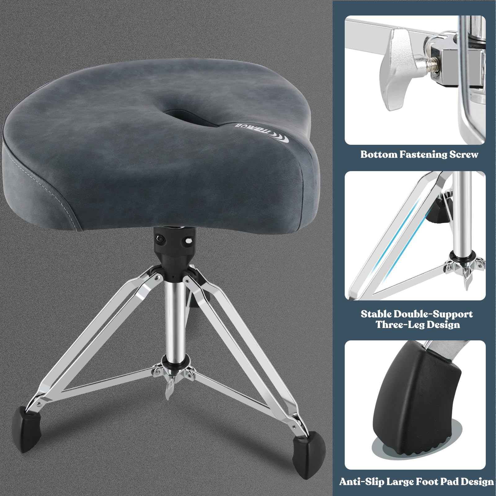 ROWELL Heavy Duty Drum Throne Seat - Adjustable Height Drum Stool with Air Guide Holes, Breathable Motorcycle Style Throne for Drummers (Adults & Kids) - Perfect for Live Performances, Studio Recording & Drum Practice - Textured Blue