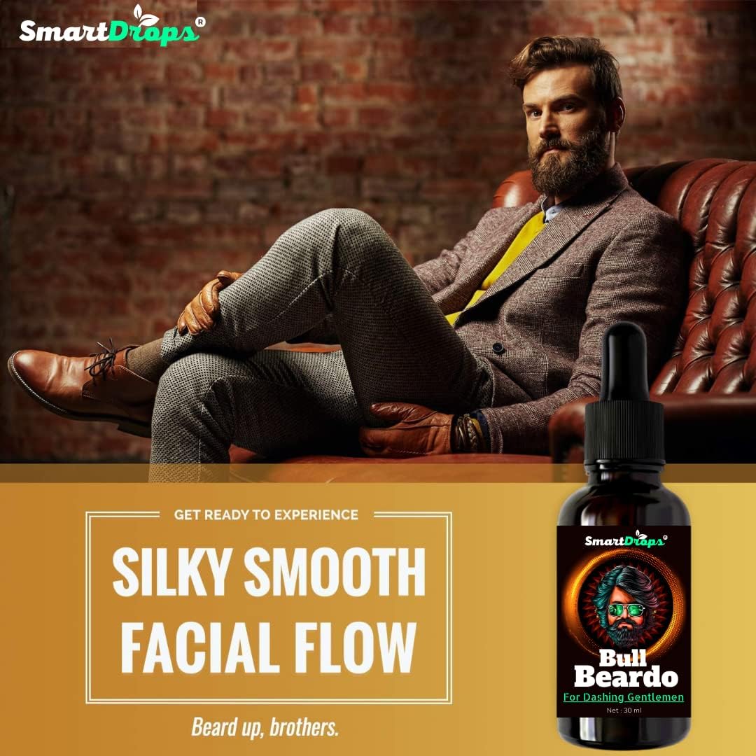Premium Beard Growth Oil for Men - Smartdrops Bull Beardo Formula (30ml, Pack of 2) | Natural Ingredients for Thicker, Fuller Facial Hair | Perfect for Daily Grooming & Styling Routine