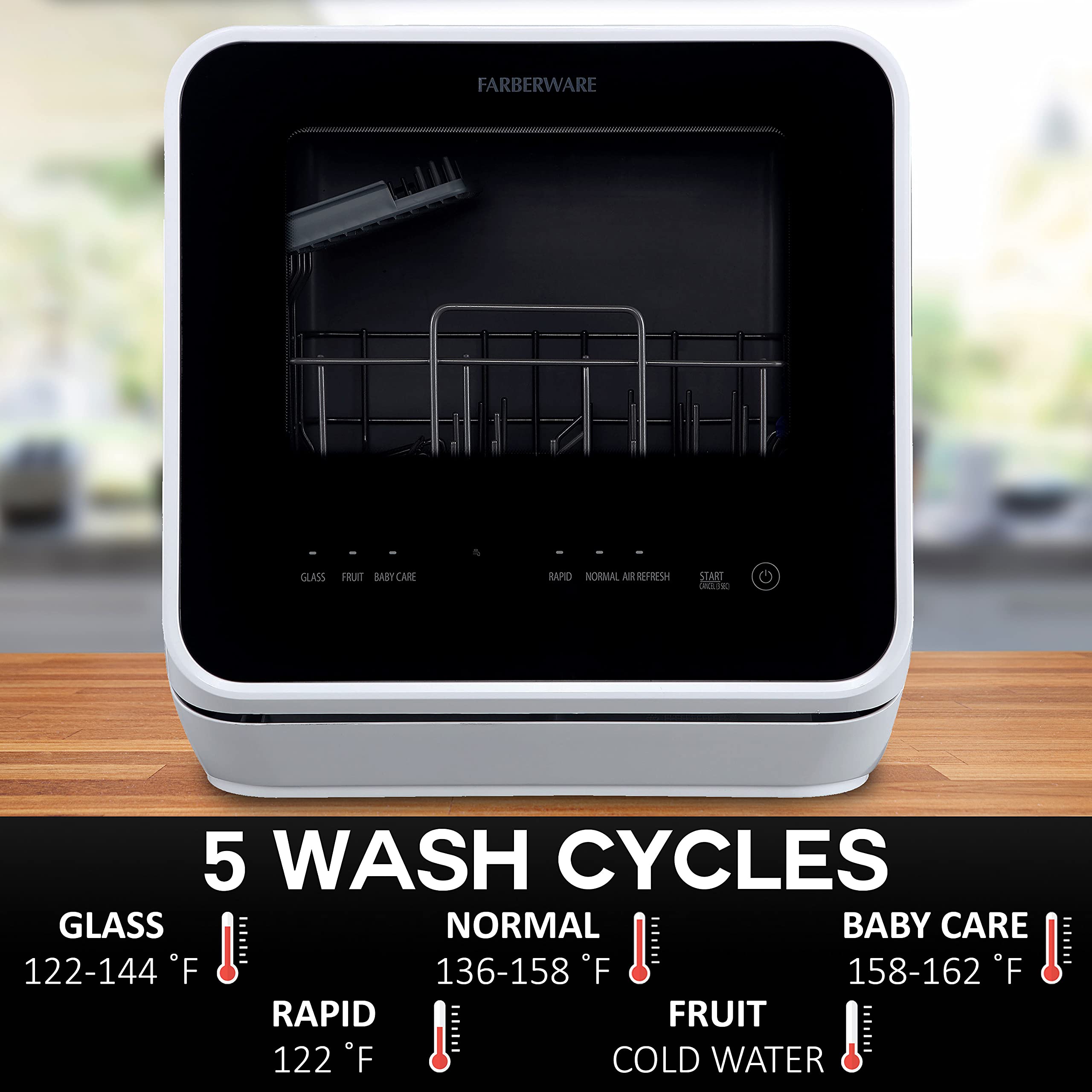 Farberware Portable Countertop Dishwasher - 5-Liter Built-in Water Tank, 5 Wash Programs (Baby Care, Glass & Fruit Wash) - Compact Dishwasher for Small Kitchens, Apartments, RVs & Dorm Rooms - Black/White