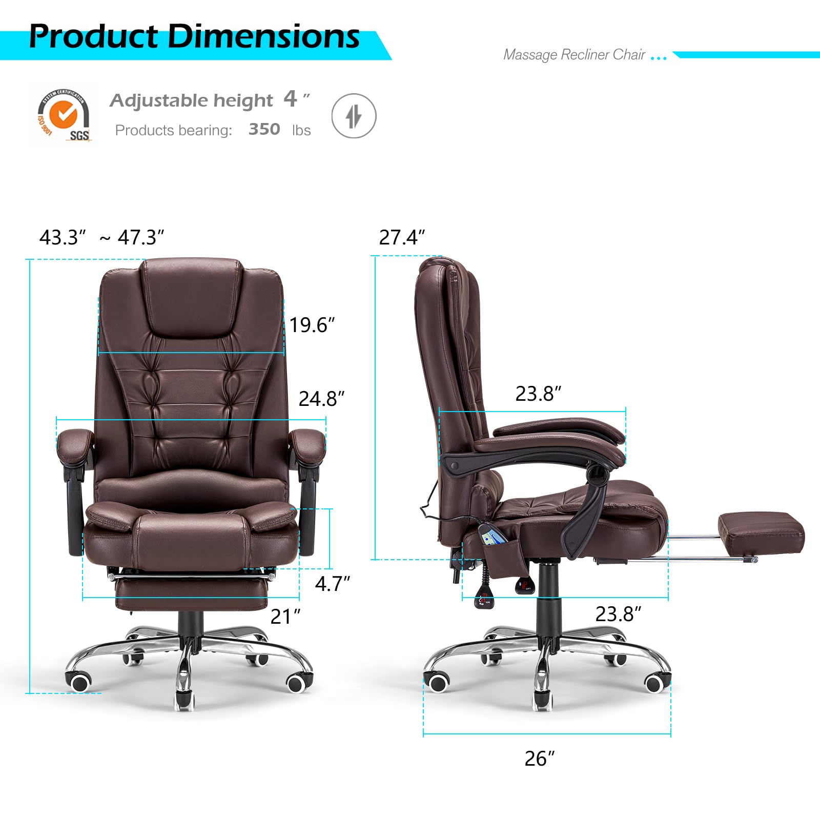 YODOLLA Ergonomic 7-Point Massage Office Chair with Heating - Brown Leather Reclining Computer Desk Chair with High Back & Retractable Footrest - Perfect for Home Office, Gaming & Workspace Comfort