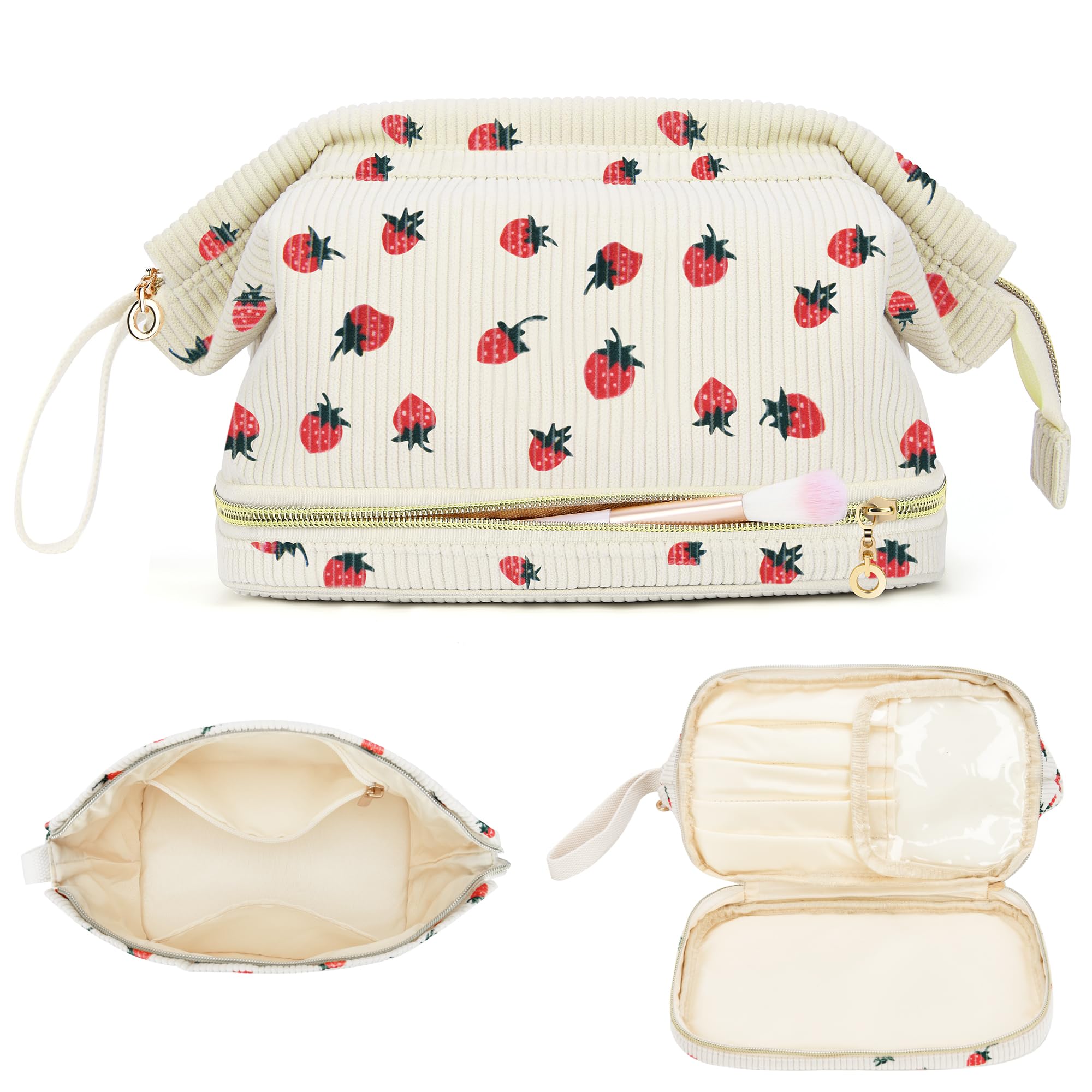 Stylish Large Corduroy Makeup Bag for Women & Girls - Travel Cosmetic Organizer with Strawberry Design, Perfect for Toiletries & Travel Essentials | Ideal for Vacation, Gym, and Daily Use