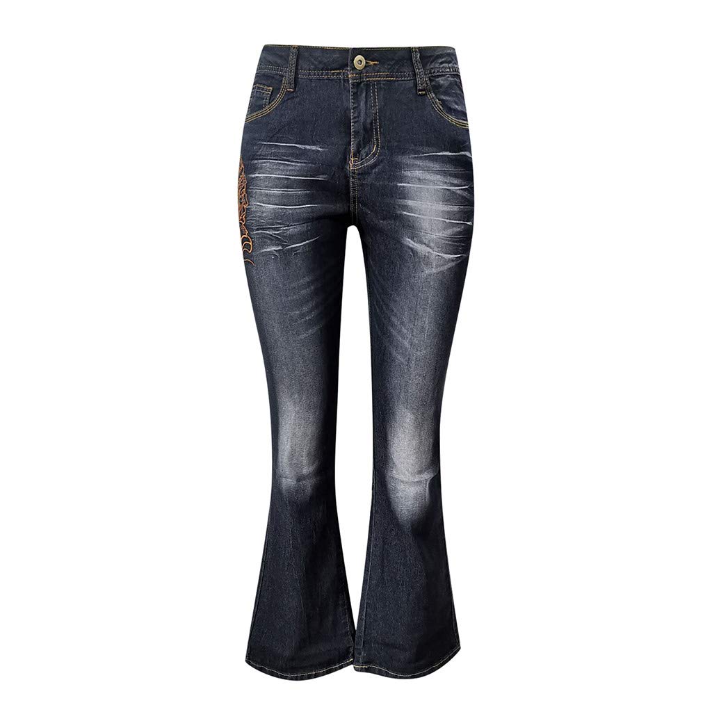 SERYU Women's High Waist Flare Jeans - Embroidered Destroyed Denim Pants with Button Closure, Black (Boho Chic Style for Casual Wear & Night Out)