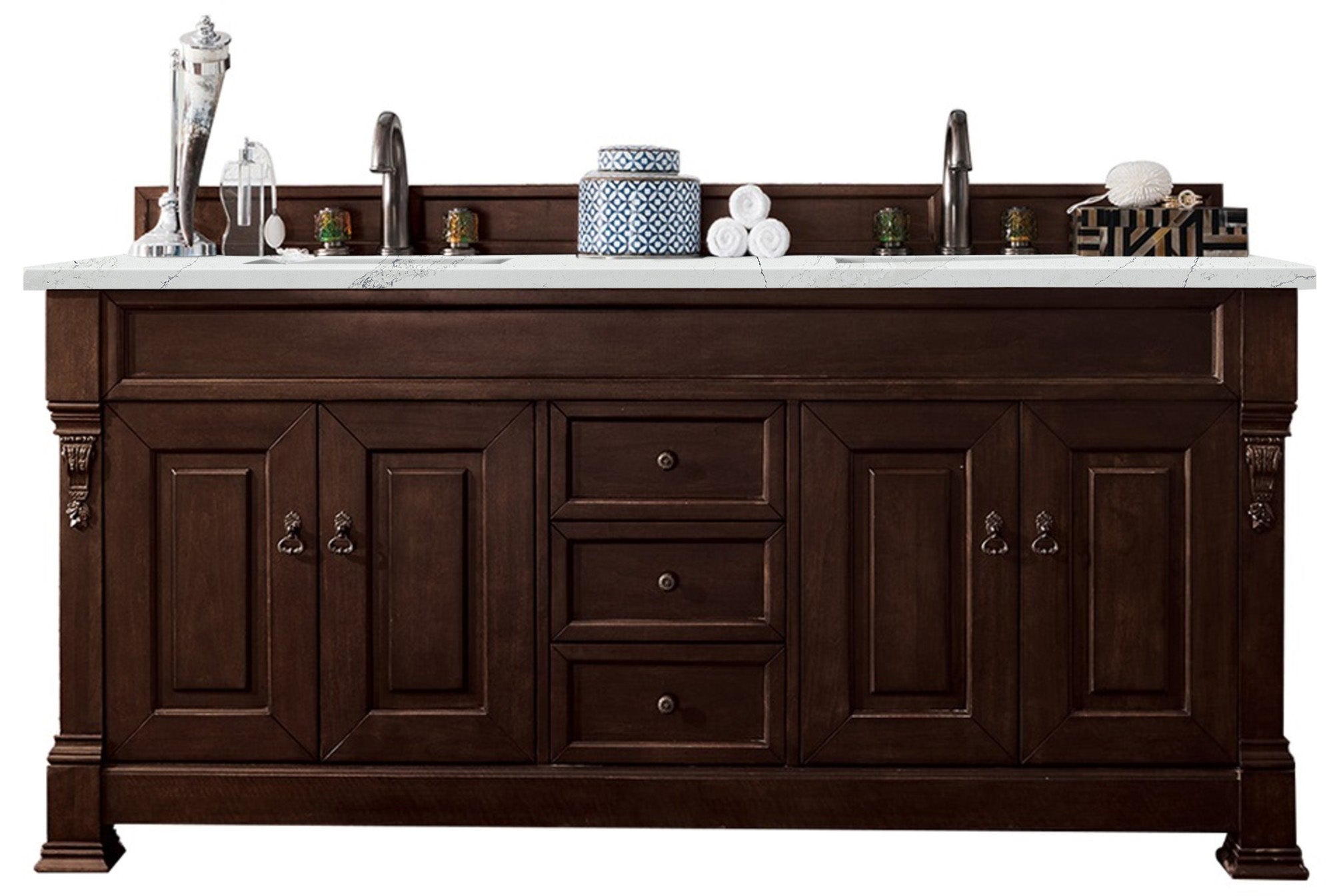 Brookfield 72 Inch Double Vanity with Burnished Mahogany Base & 3CM Ethereal Noctis Quartz Top - Perfect for Master Bathroom & Luxury Home Renovation