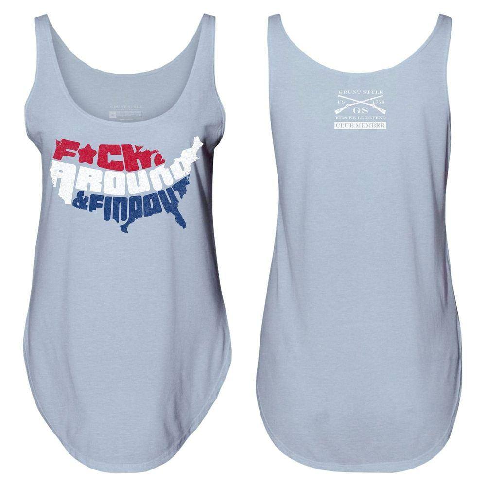 Women's Funny Sarcastic 'F*ck Around and Find Out' Graphic Tank Top - Stonewash Denim Vintage Style - Perfect for Casual Outings, Music Festivals & Girls Night Out