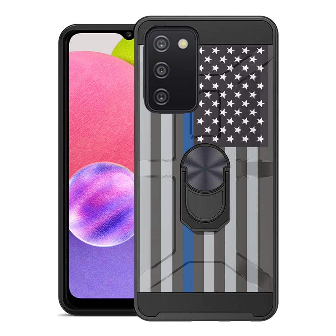 Heavy Duty Shockproof Metal Ring Holder Kickstand Case for Samsung Galaxy A03S - USA Flag Blue Line Design | Perfect for Outdoor Activities, Work & Travel Protection