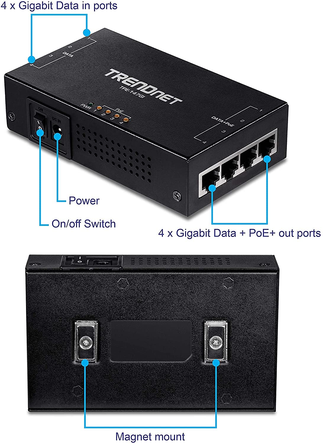 TRENDnet 65W 4-Port Gigabit PoE+ Injector (TPE-147GI) - 4x Gigabit Data Ports & 4x PoE+ Output Ports - Extend Power & Data Up to 328ft - Ideal for IP Cameras, VoIP Phones & Wireless Access Points