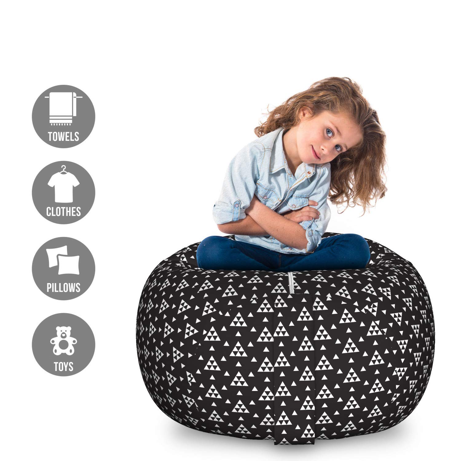 Ambesonne Geometric Storage Toy Bag Chair - Minimalist Triangle Design Stuffed Animal Organizer | Washable Large Size Black & White Toy Storage for Kids' Room, Playroom & Nursery Organization