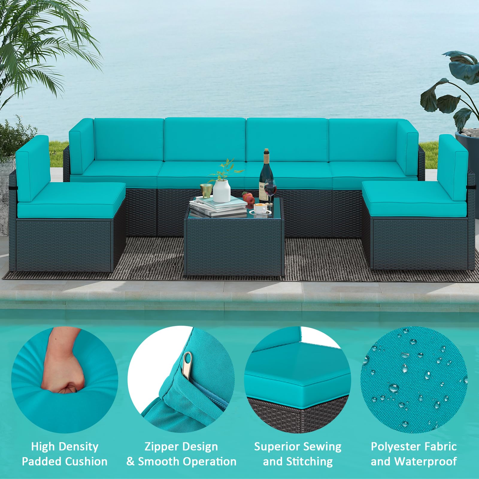 **Kinfant 7-Piece Outdoor Patio Furniture Set - Rattan Sectional Sofa with Coffee Table & Washable Cushions - Blue Wicker Conversation Set for Porch, Poolside, Backyard & Garden Relaxation**