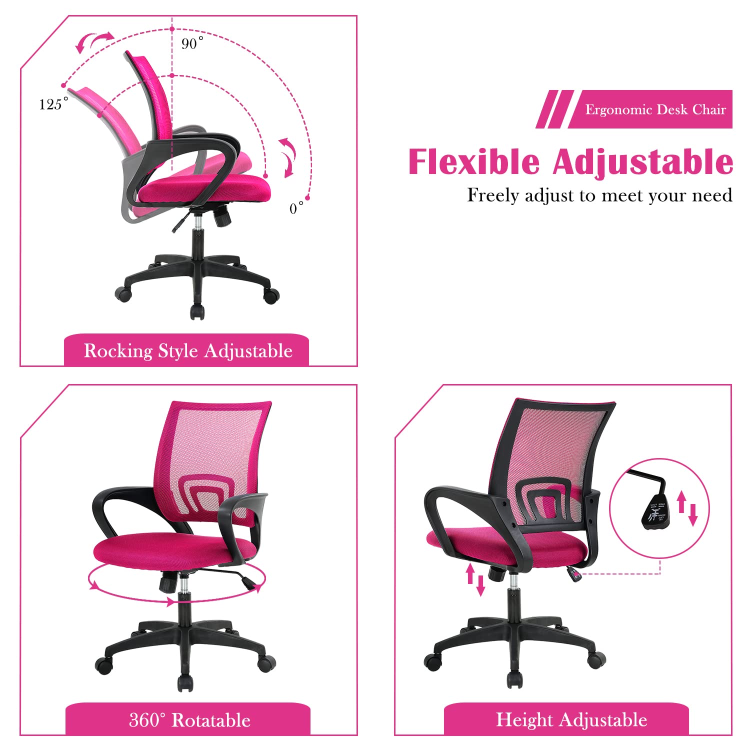 Ergonomic Pink Office Chair with Lumbar Support & Adjustable Armrests - Mesh Back Computer Desk Chair for Women, Mid Back Executive Task Chair with Rolling Swivel Base - Perfect for Home Office, Gaming Setup, and Kids Study Desk