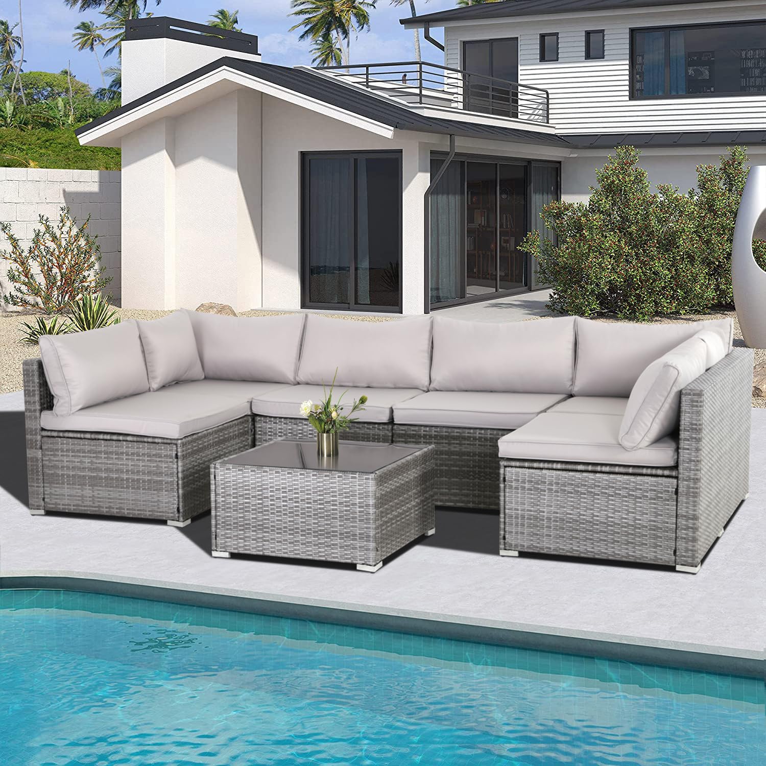 7-Piece Modular Patio Furniture Set - PE Rattan Wicker Outdoor Sectional Sofa with Thickened Cushions & Coffee Table (Gray Wicker/Gray Cushion) - Perfect for Backyard, Garden, Poolside & Outdoor Entertaining