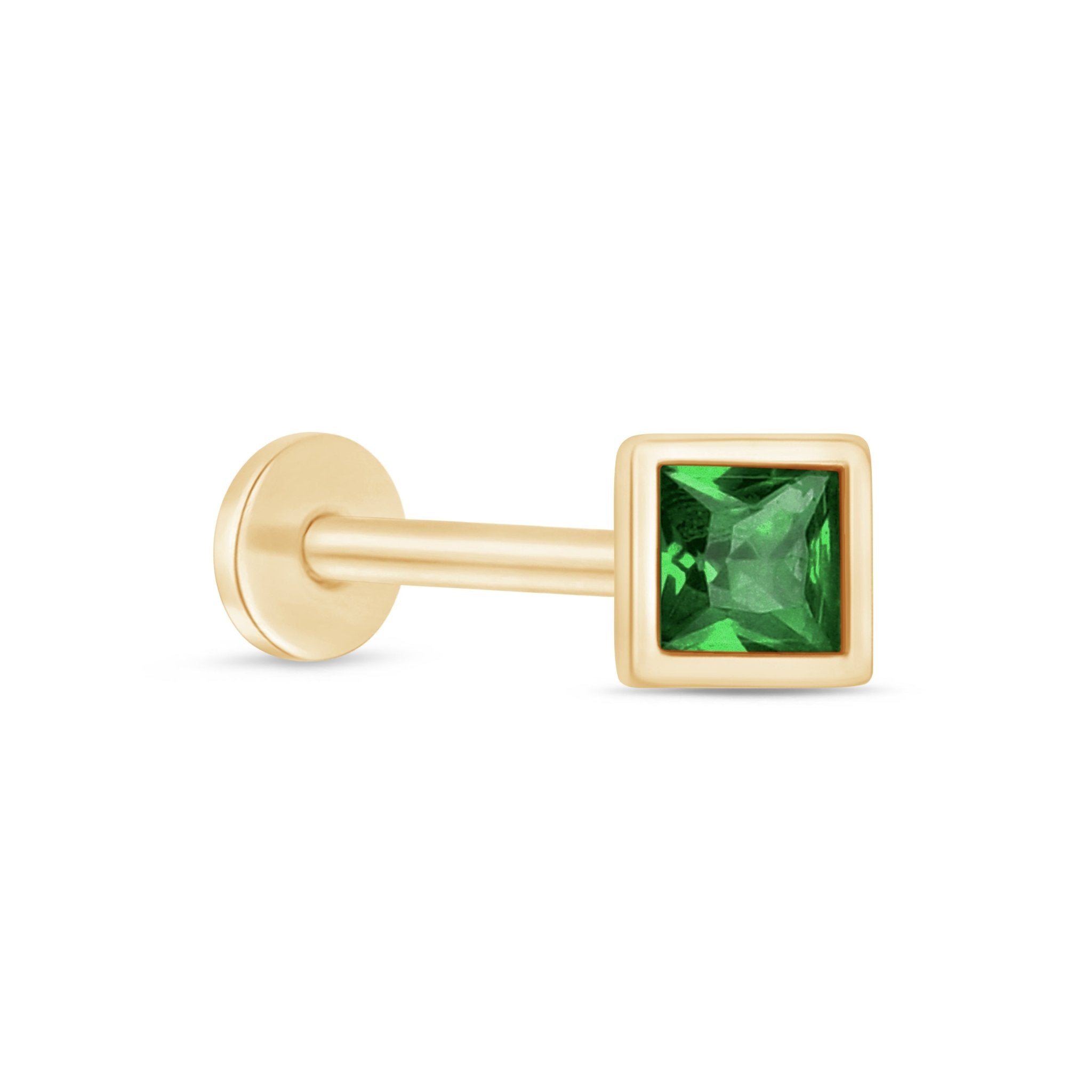 14K Yellow Gold Princess Cut Emerald Stud Earrings - Bezel Set Flat Back for Sensitive Ears - Perfect for Weddings, Parties & Everyday Elegant Wear