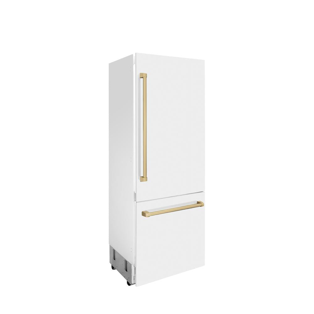 ZLINE Autograph Edition 30 Inch Built-In Bottom Freezer Refrigerator - 16.1 cu ft Capacity, Water Dispenser & Ice Maker - White Matte Finish with Champagne Bronze Accents (RBIVZ WM 30 CB) - Perfect for Modern Kitchens, Open-Concept Homes & Luxury Appliances Collection