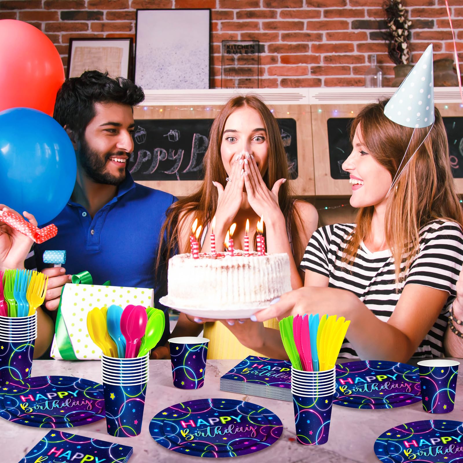 Meanplan Neon Happy Birthday Party Plates & Napkins Set - 168 Pcs Glow in the Dark Tableware for Kids (24 Guests) with Cups, Utensils & Decorations - Perfect for Glow Themed Birthday Parties & Nighttime Celebrations