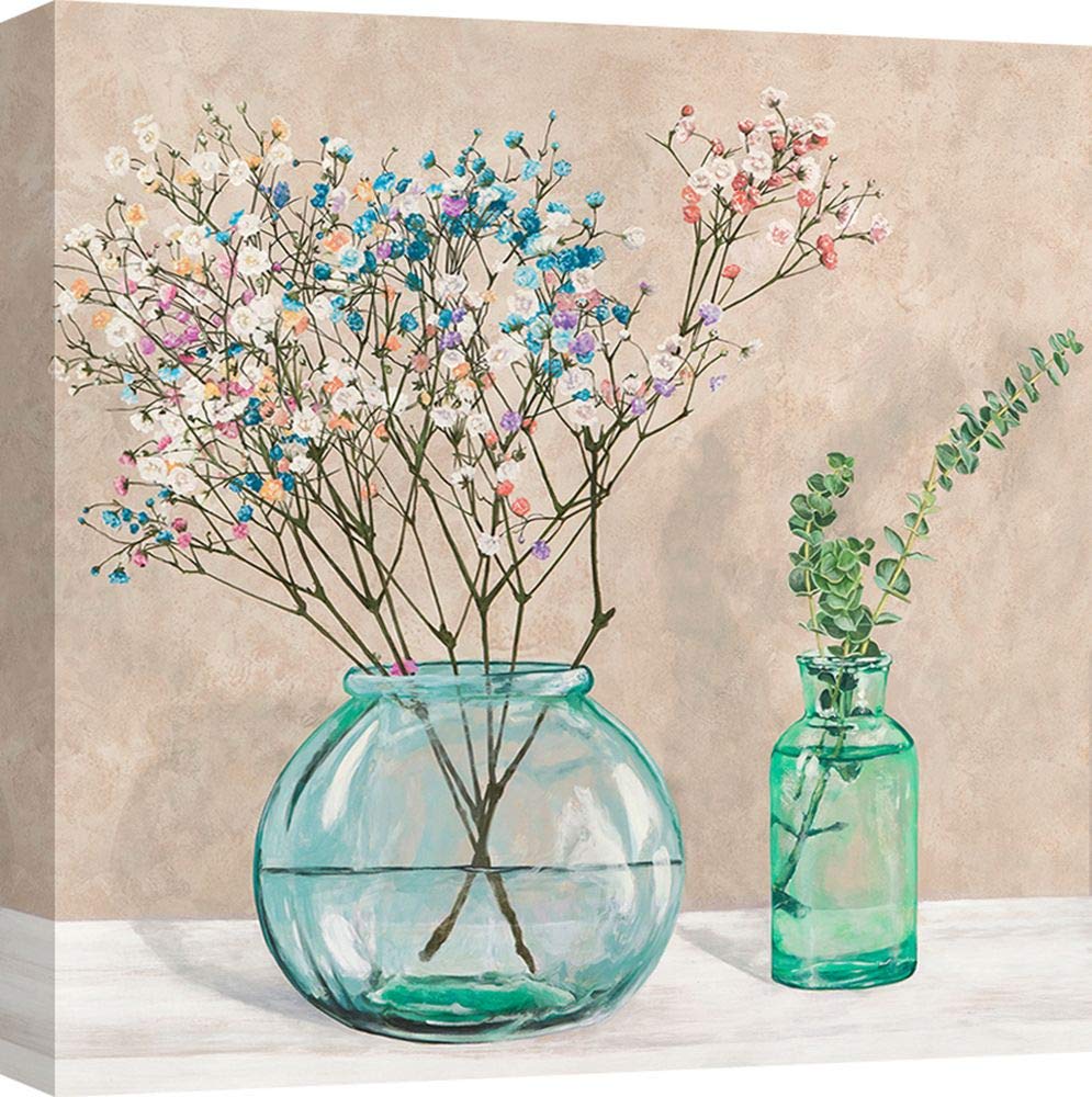 ART PRINT CAFE' – Vintage Shabby-Chic Floral Canvas Wall Art by Jenny Thomlinson – 70x70cm Framed Flower Vase Painting for Living Room, Bedroom & Office Decor