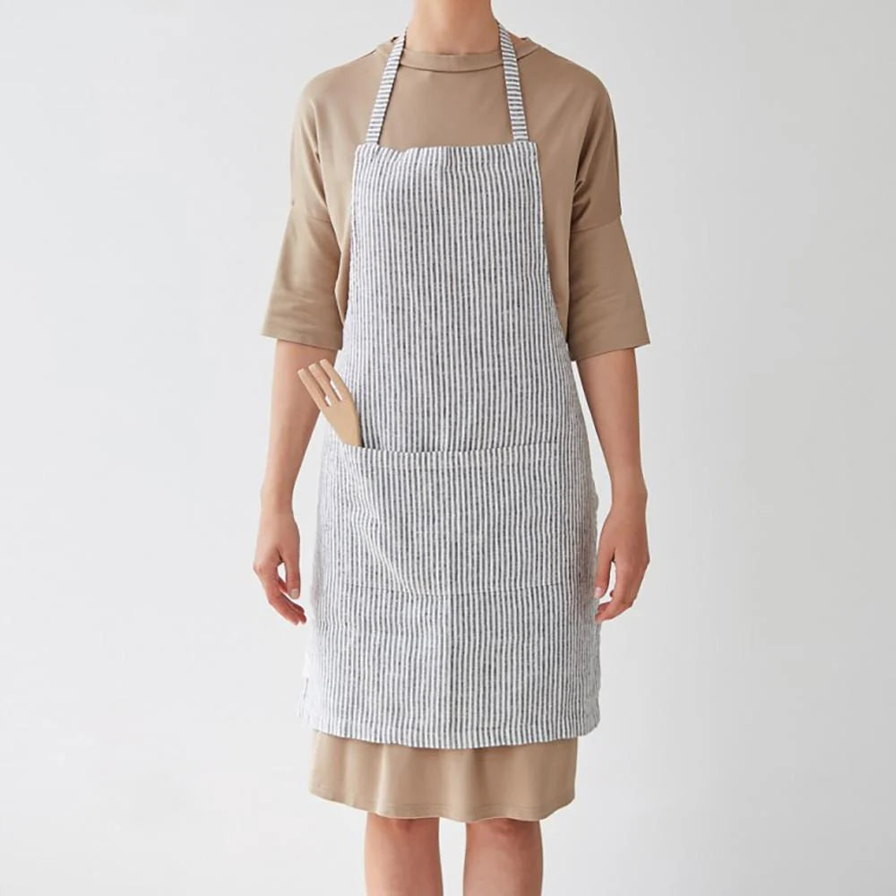 Premium Linen Daily Apron with Thin Black Stripe - Comfortable & Stylish Kitchen Apron for Cooking, Baking, BBQ & Home Use