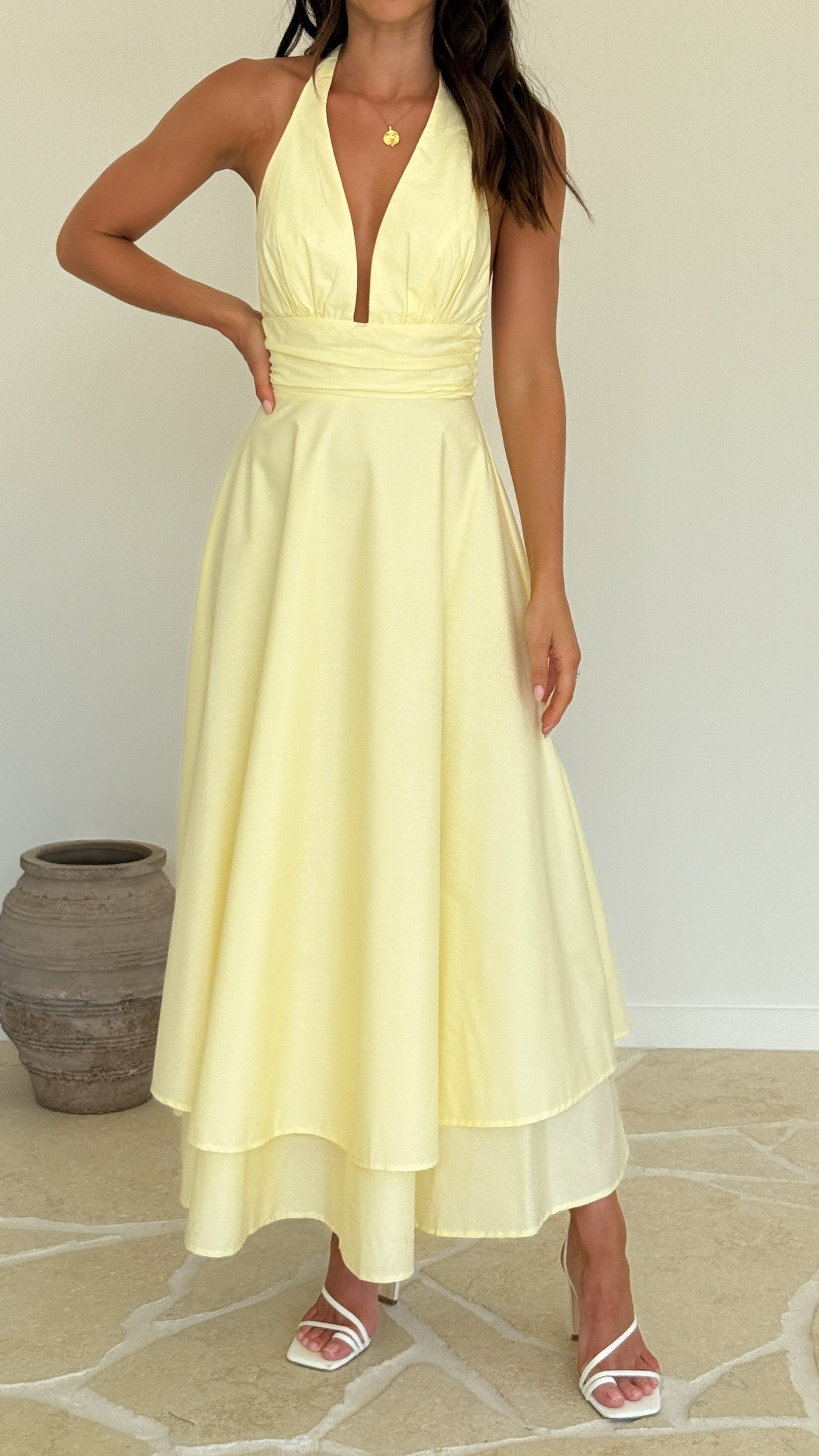 Elegant Kathy Halter Neck Maxi Dress in Lemon Yellow - Perfect for Summer Beach Vacations, Weddings & Date Nights