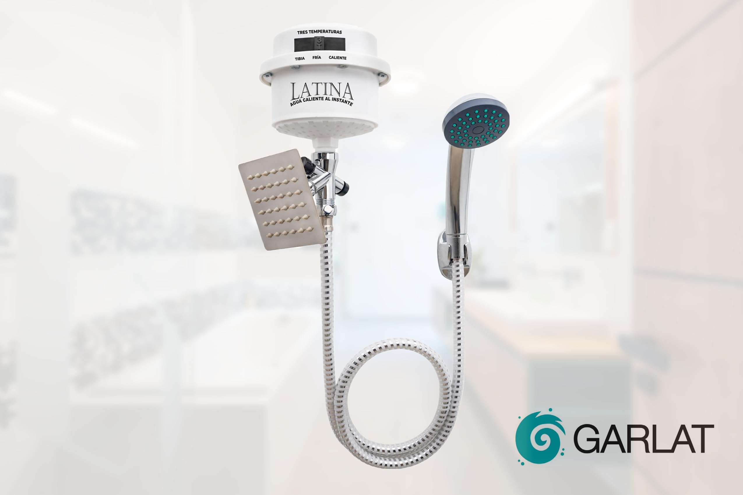 LATINA Tankless Electric Shower Heater with 3-Temperature Settings - Instant Hot Water System with Handheld Shower Head & Square Plate (120V LT13) - Perfect for Bathroom, RV, Camping & Off-Grid Living