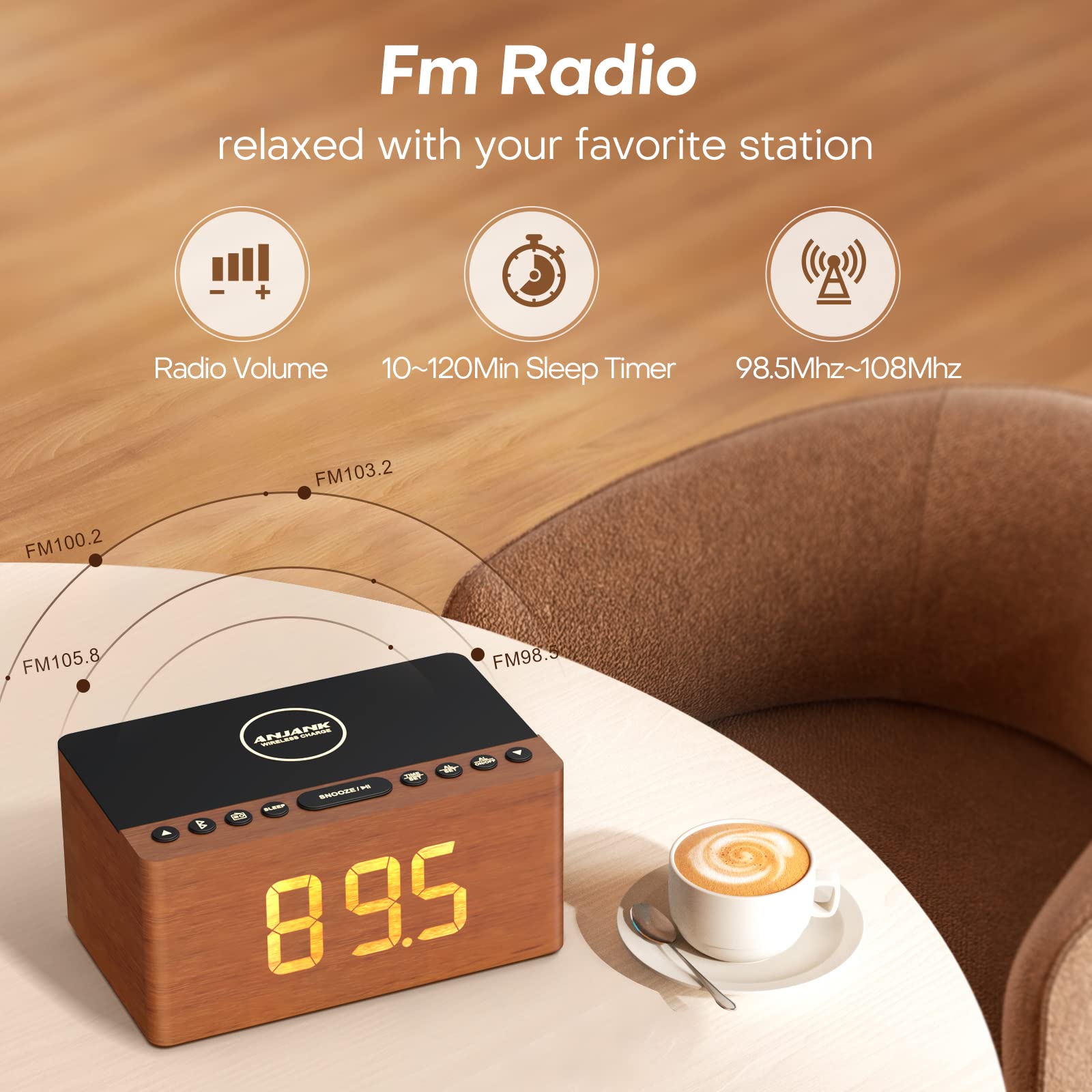 Premium Wooden Bluetooth Speaker Alarm Clock with FM Radio, Wireless Charging for iPhone & Samsung, USB Port, Dimmable Display, Sleep Timer - Digital Wooden Bedside Clock for Bedroom, Office & Travel