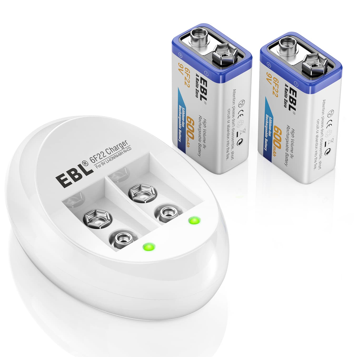 EBL 9V Lithium-ion Rechargeable Batteries (2 Pack) with Smart Charger - Long Lasting Power for Smoke Detectors, Guitar Pedals & Electronic Devices