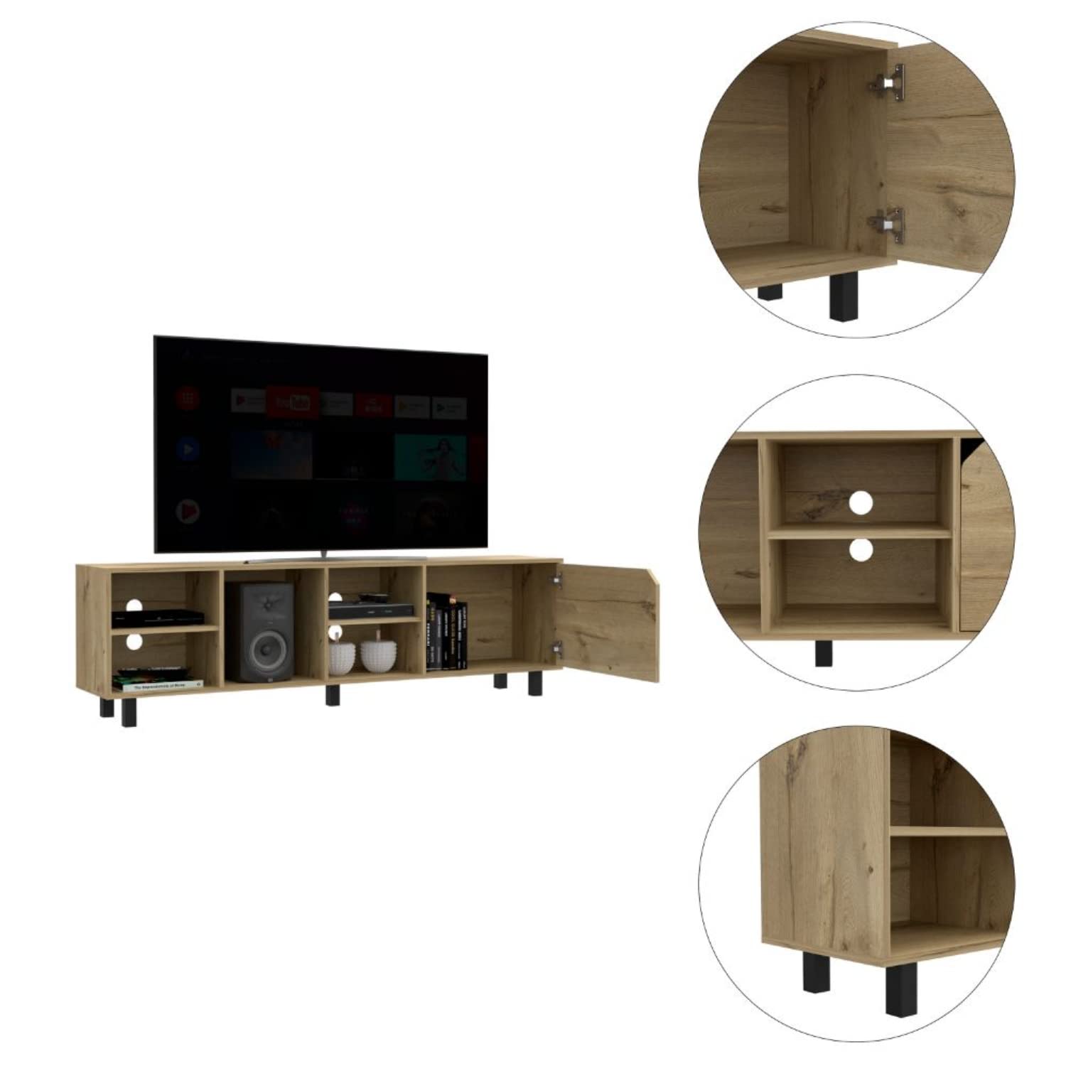 Conquest 70 Inch TV Stand with 4 Open Shelves & 5 Sturdy Legs - Light Oak Finish for Living Room, Bedroom & Home Theater Setup