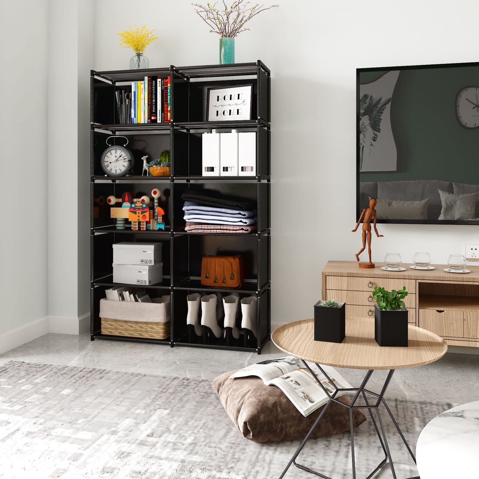 JIUYOTREE 6-Tier Portable Bookshelf with Fabric Back - 10 Cube Storage Organizer Bookcase for Living Room, Study, Bedroom - Black | Space-Saving Home & Office Organization Solution