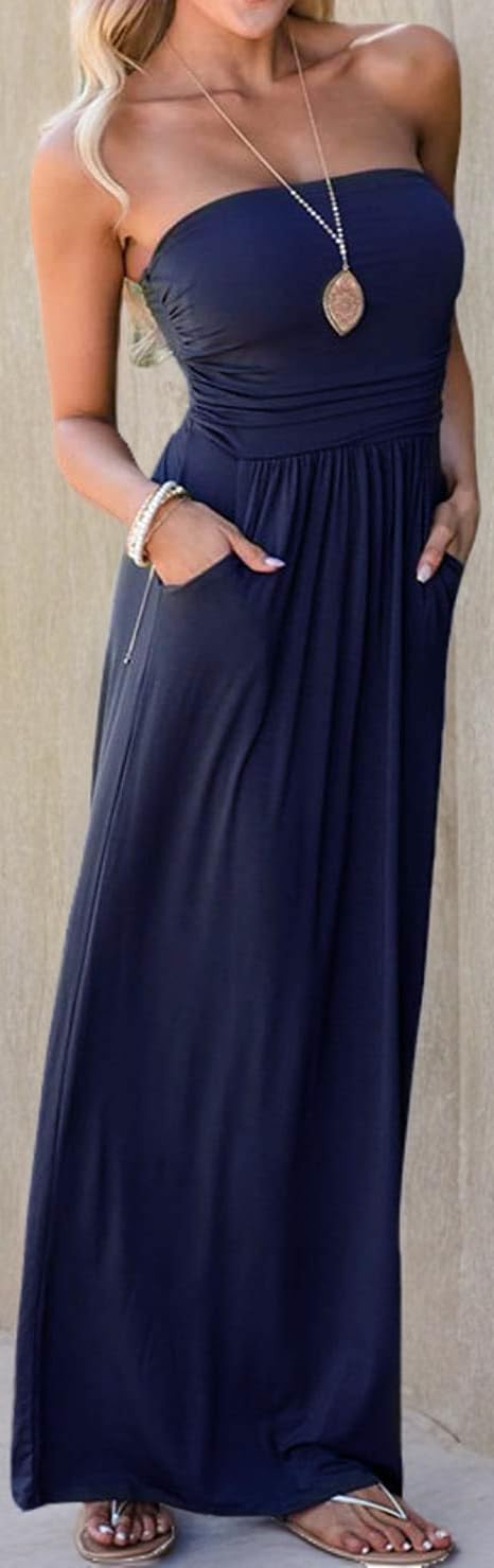 PRIMODA Women's Strapless Tube Top Maxi Dress - Floral Boho Beach Dress with Pockets | Summer Vacation, Pool Party, Beach Wedding Outfit
