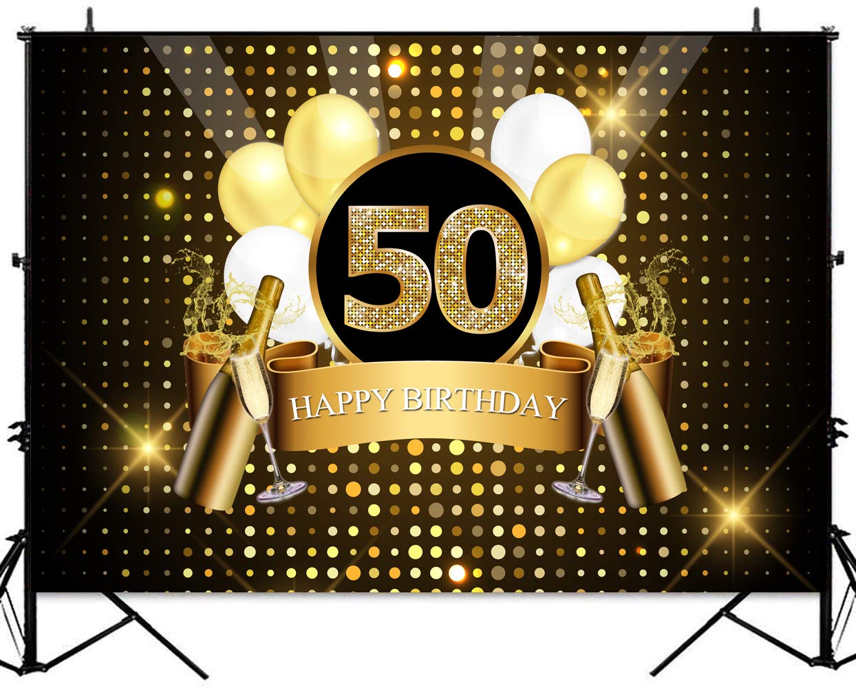 Sensfun Black & Gold Glitter 50th Birthday Backdrop - 8x6ft Photography Background for Adult Men's Fifty Years Old Party Decor, Photo Booth Props, Banner - Perfect for Birthday Celebrations, Photoshoots & Event Decorations
