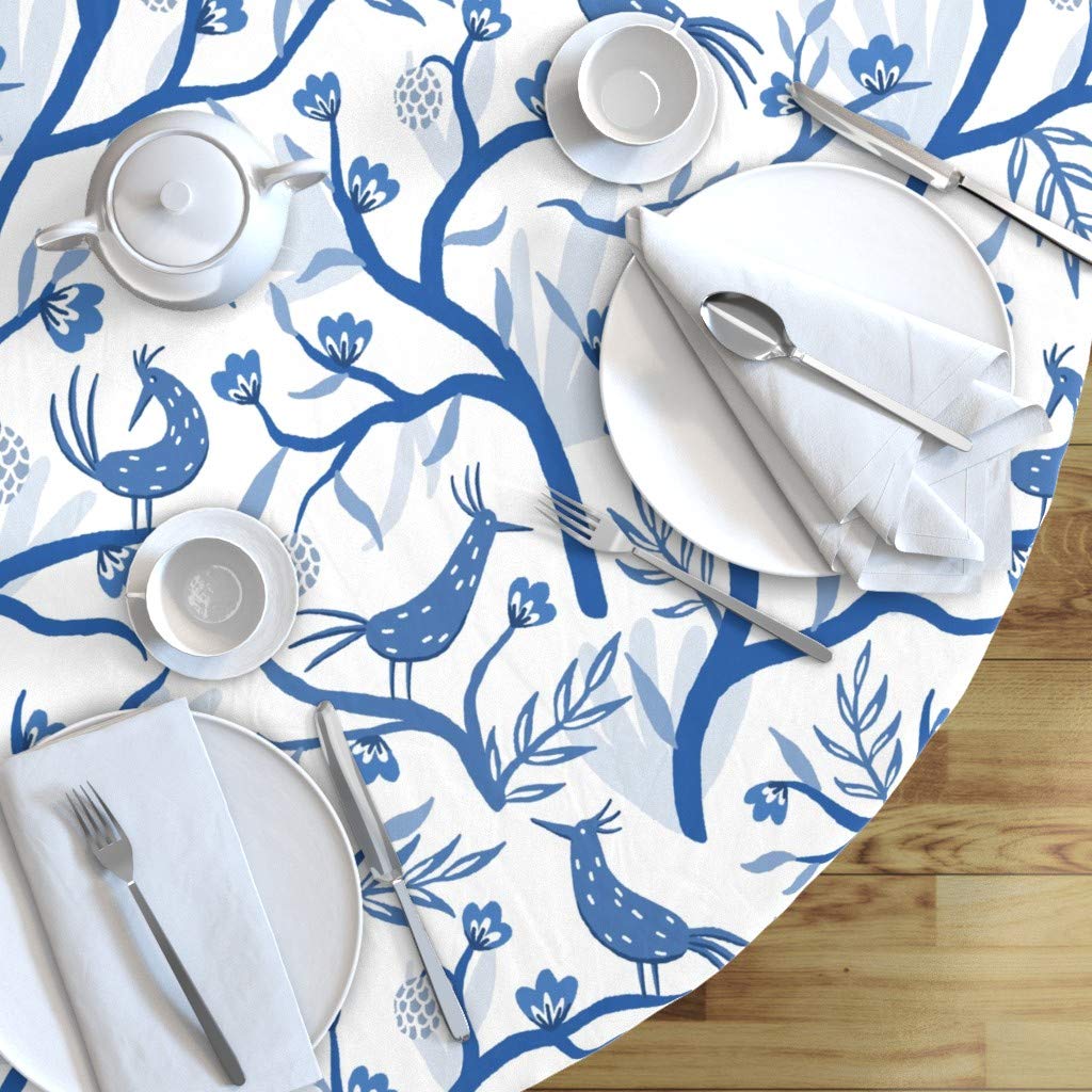 Custom Blue Garden Chinoiserie Bird & White Tree Leaves Botanical Print Cotton Sateen Tablecloth - 70