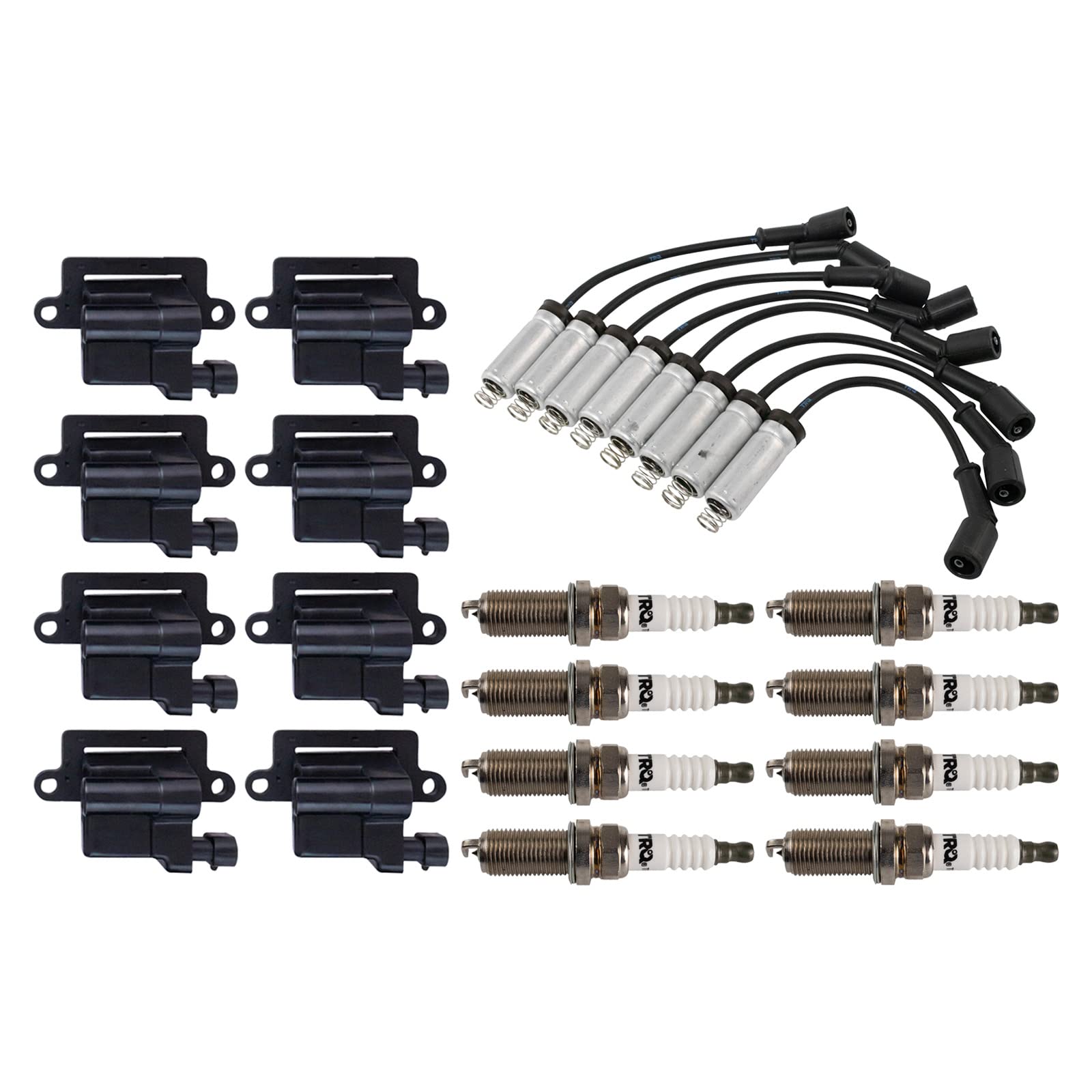 TRQ Ignition Coil Set with Spark Plugs & Wires - Compatible with 02-06 Cadillac, 99-07 Chevrolet GMC, 03-07 Hummer, 06 Isuzu - Improve Engine Performance & Fuel Efficiency for Smooth Driving
