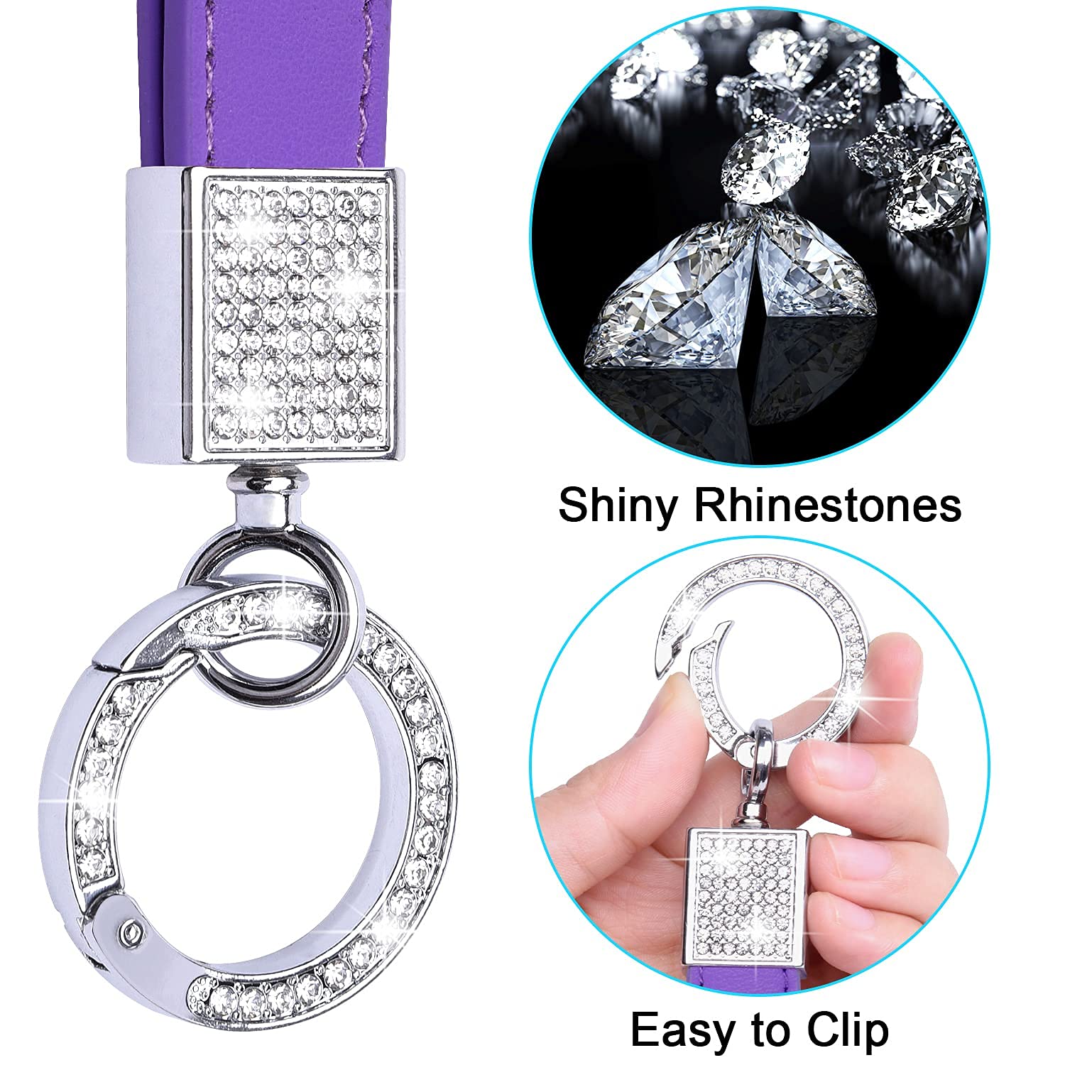 Wisdompro Bling Leather Car Keychain for Women - Genuine Leather Key FOB with Anti-Lost D-Ring & 2 Keyrings - Universal Key Holder for Car Keys (Purple) - Perfect Gift for Her, Birthday, Anniversary & Everyday Use