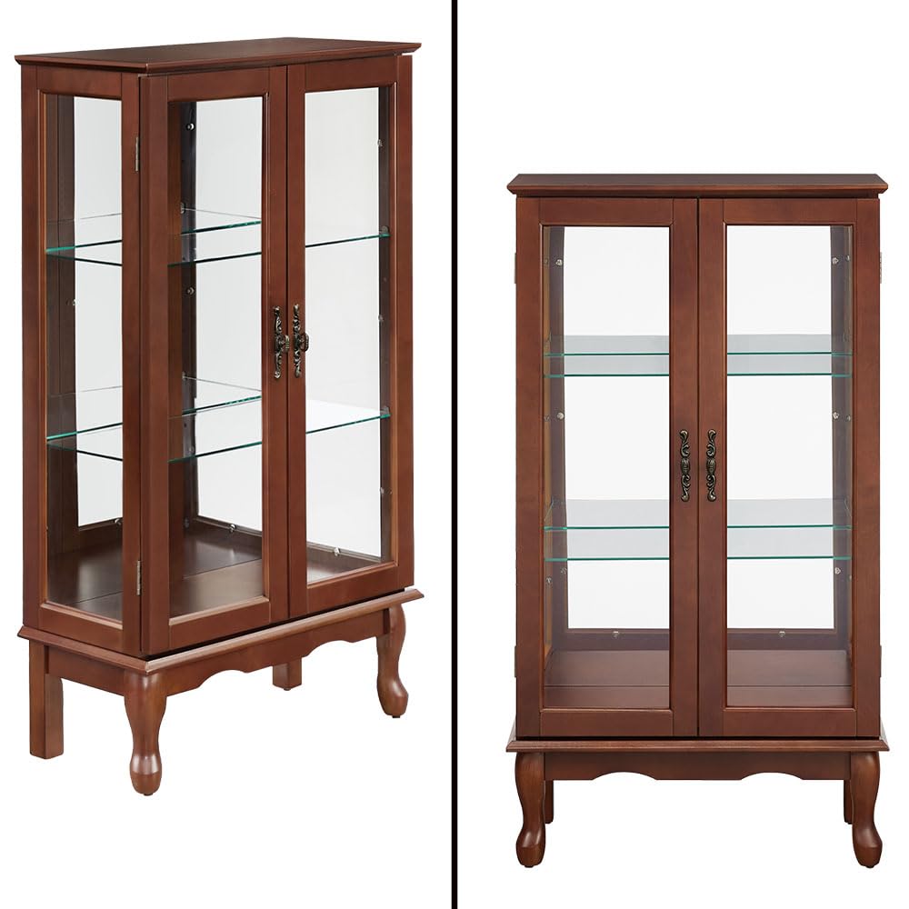 Anwick Walnut China Cabinet & Curio Cabinet with Glass Doors - Lighted Display Cabinet with Mirrored Back Panel, Tempered Glass & 3 Adjustable Shelves - Perfect for Dining Room, Living Room or Office Display (Walnut Finish)