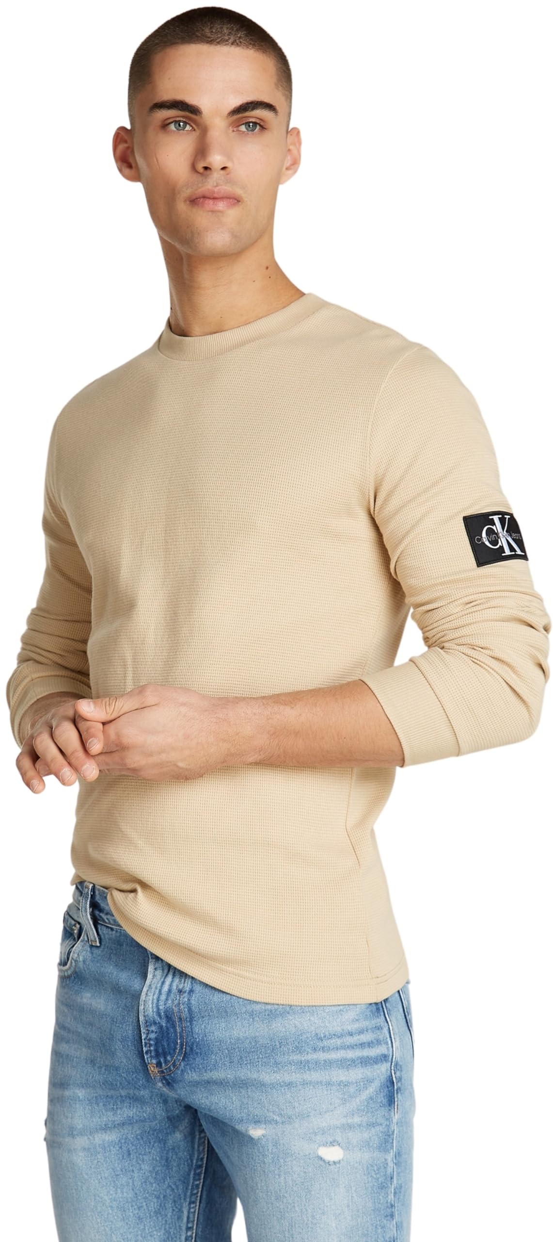 Calvin Klein Men's Long Sleeve Waffle Knit Badge Logo T-Shirt - Comfortable Casual Top for Everyday Wear, Work & Weekend Outfits