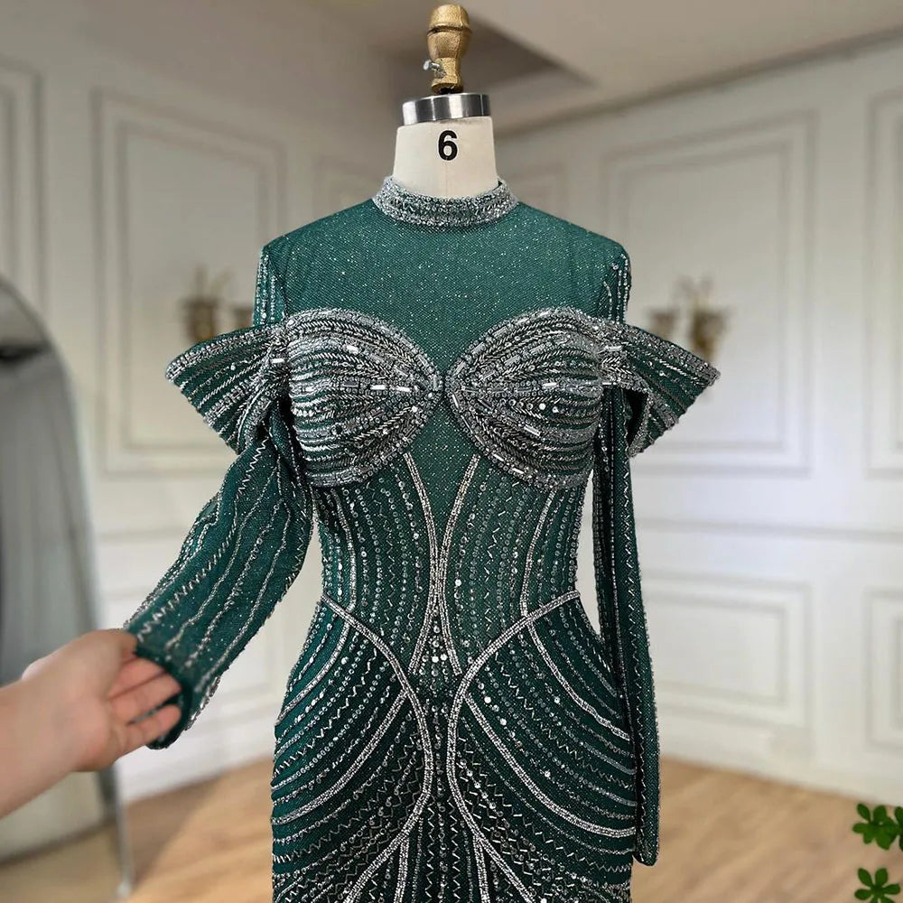 Elegant Beaded Mermaid Evening Gown for Women - Luxury Dubai Style Muslim Wedding Dress | Serene Hill Green Formal Gown for Special Occasions, Parties & Bridal Events 2025 | LA72547