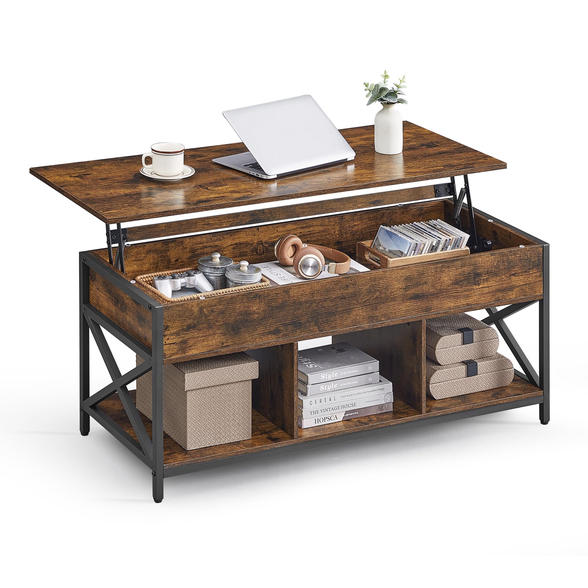 VASAGLE Industrial Lift Top Coffee Table with Hidden Storage Compartments, Rustic Brown & Black, 19.7