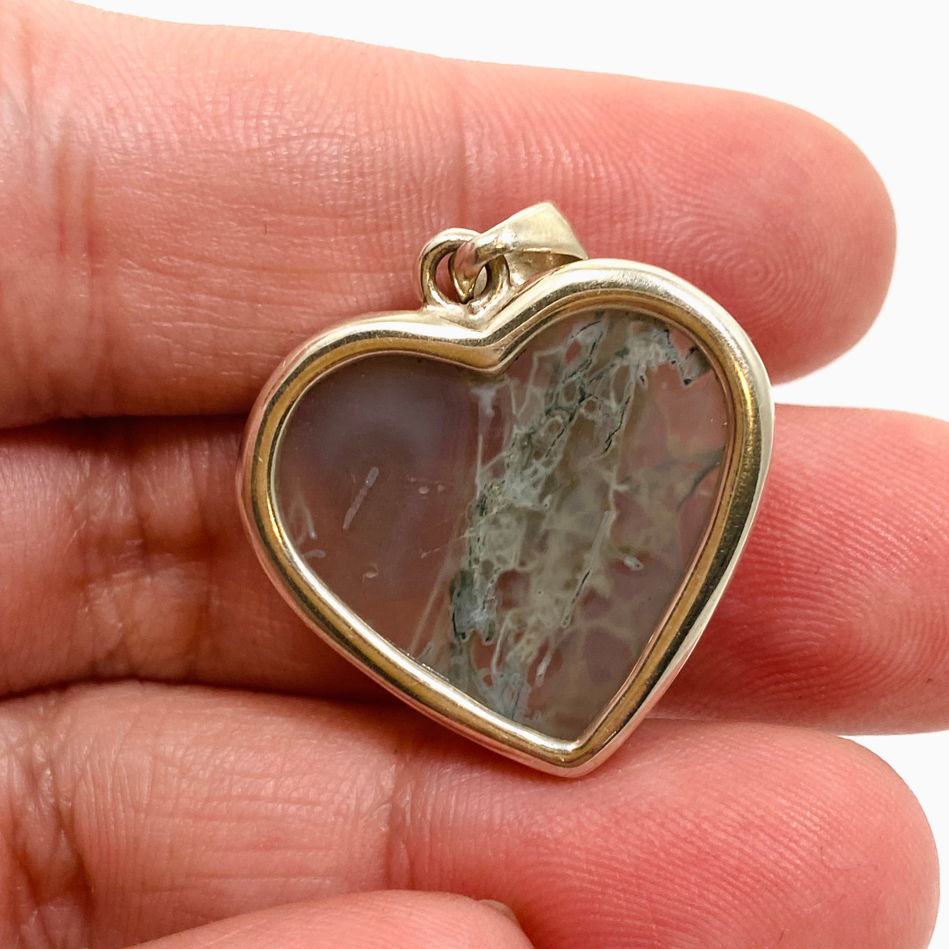 Natural Moss Agate Heart Cabochon Pendant in Hammered Sterling Silver Setting KPGJ4703 - Perfect for Jewelry Making, Gifts & Spiritual Healing