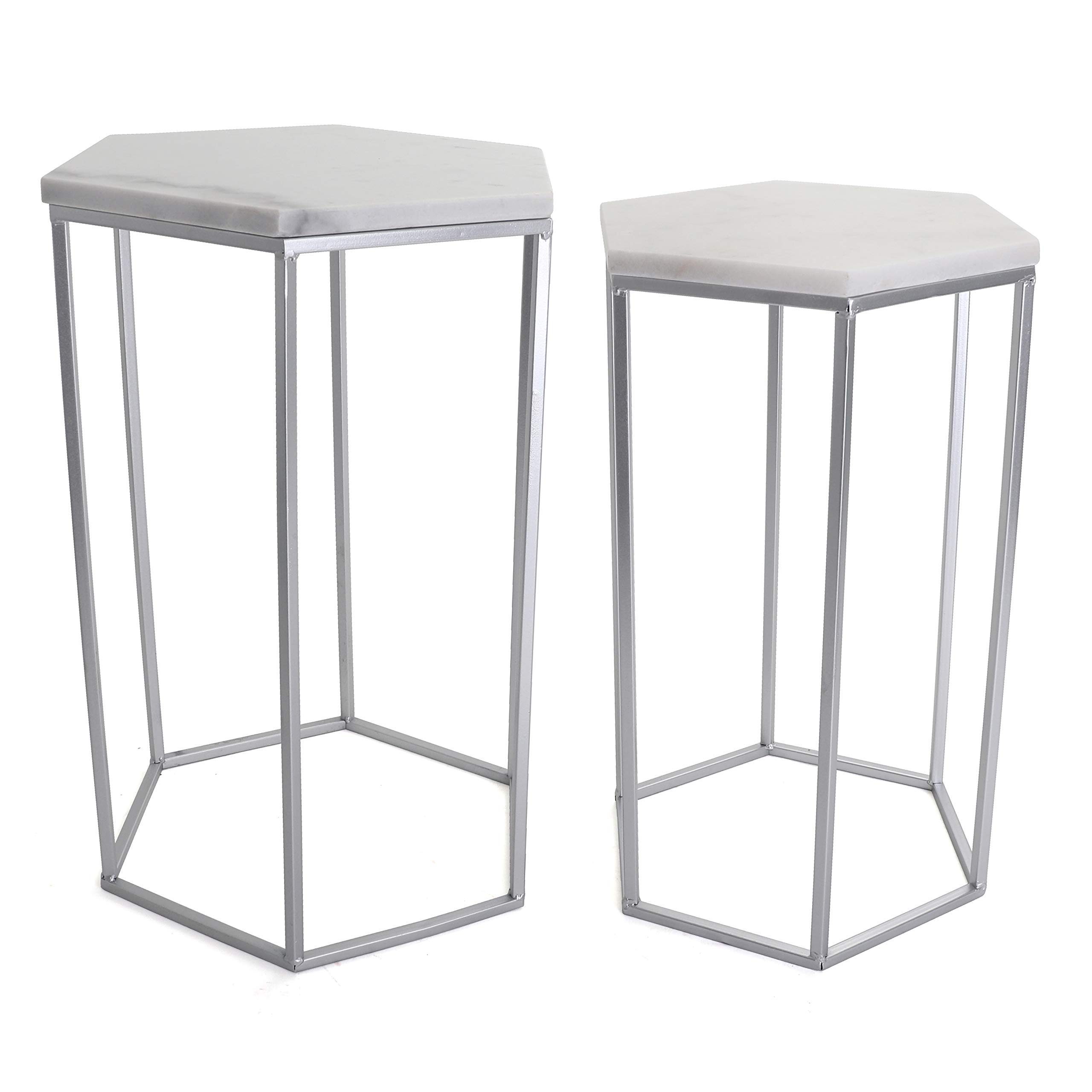 Hexagon End Table Set with Mirrored Tops - Modern Geometric Nesting Accent Tables - Marble & Metal Side Tables for Living Room, Bedroom, or Office - Silver by Rutledge & King