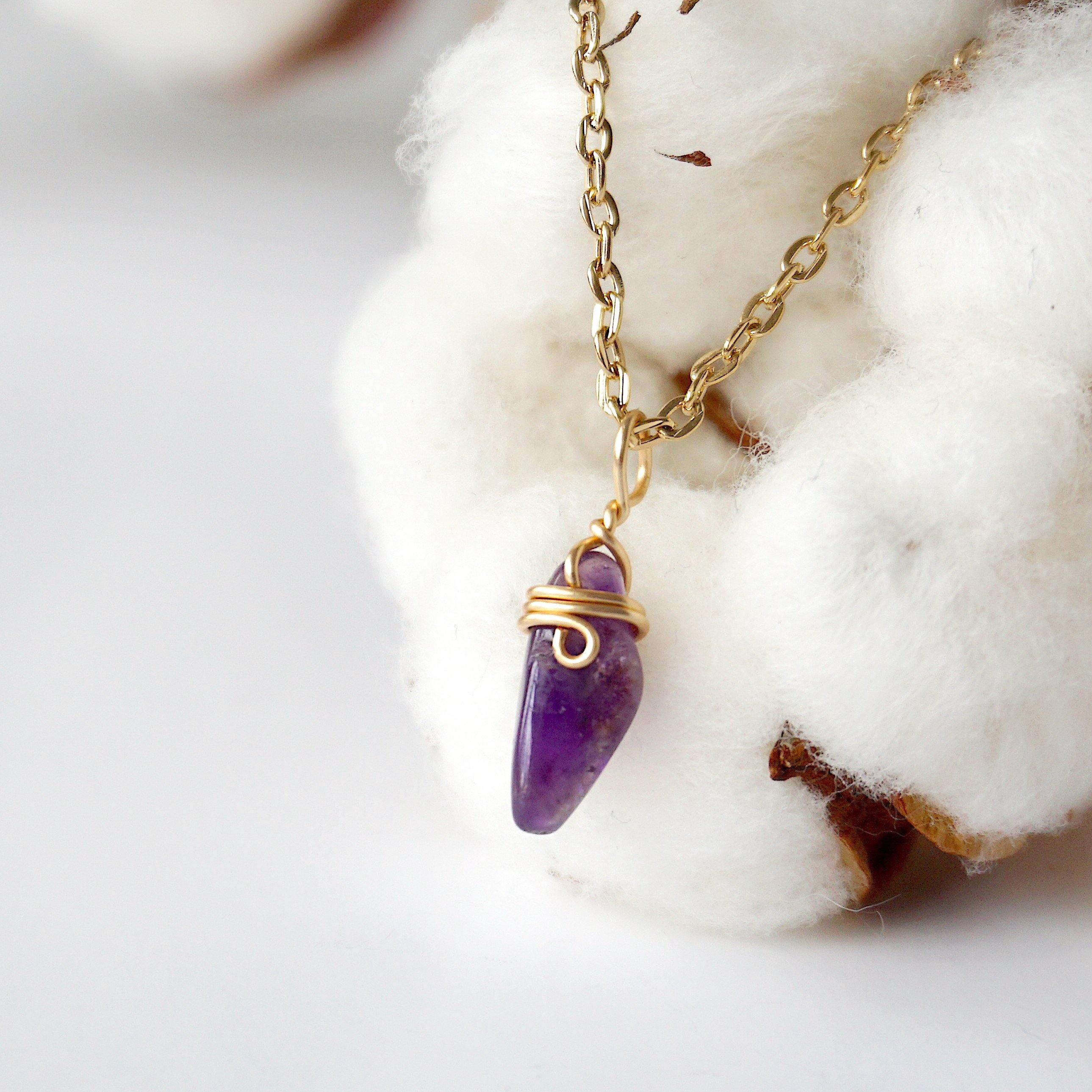 Amethyst Necklace - Gold Plated Brass Wrapped Charm Pendant Jewelry for Women - Perfect for Gifts, Meditation & Spiritual Healing